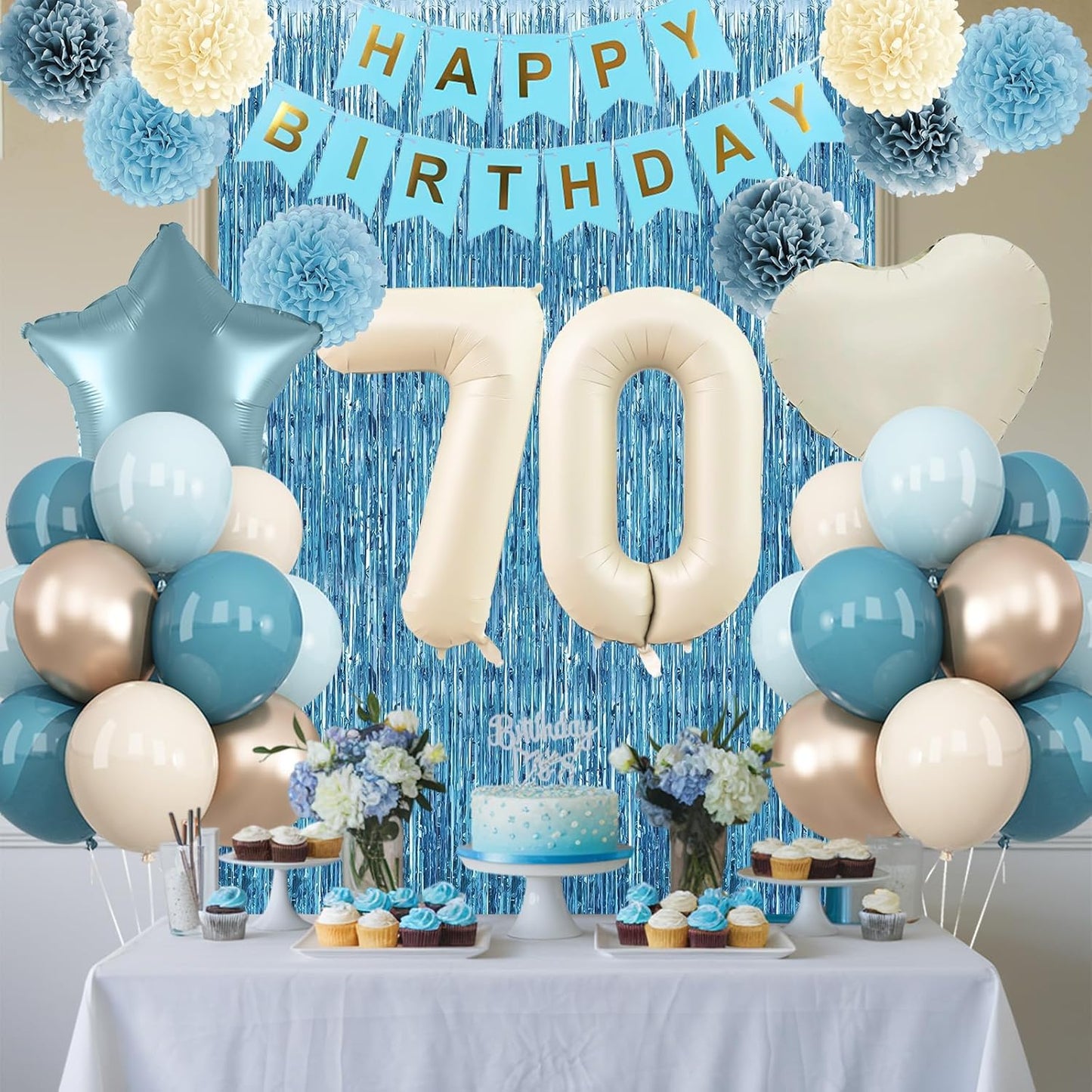 Dusty Blue 70th Birthday Party Decorations for Women Men Beige Cream Number 70 Balloon with Blue Gold Happy Birthday Banner Fringe Curtain Paper Pom Poms Nude White Sand Champagne Star Foil Balloons