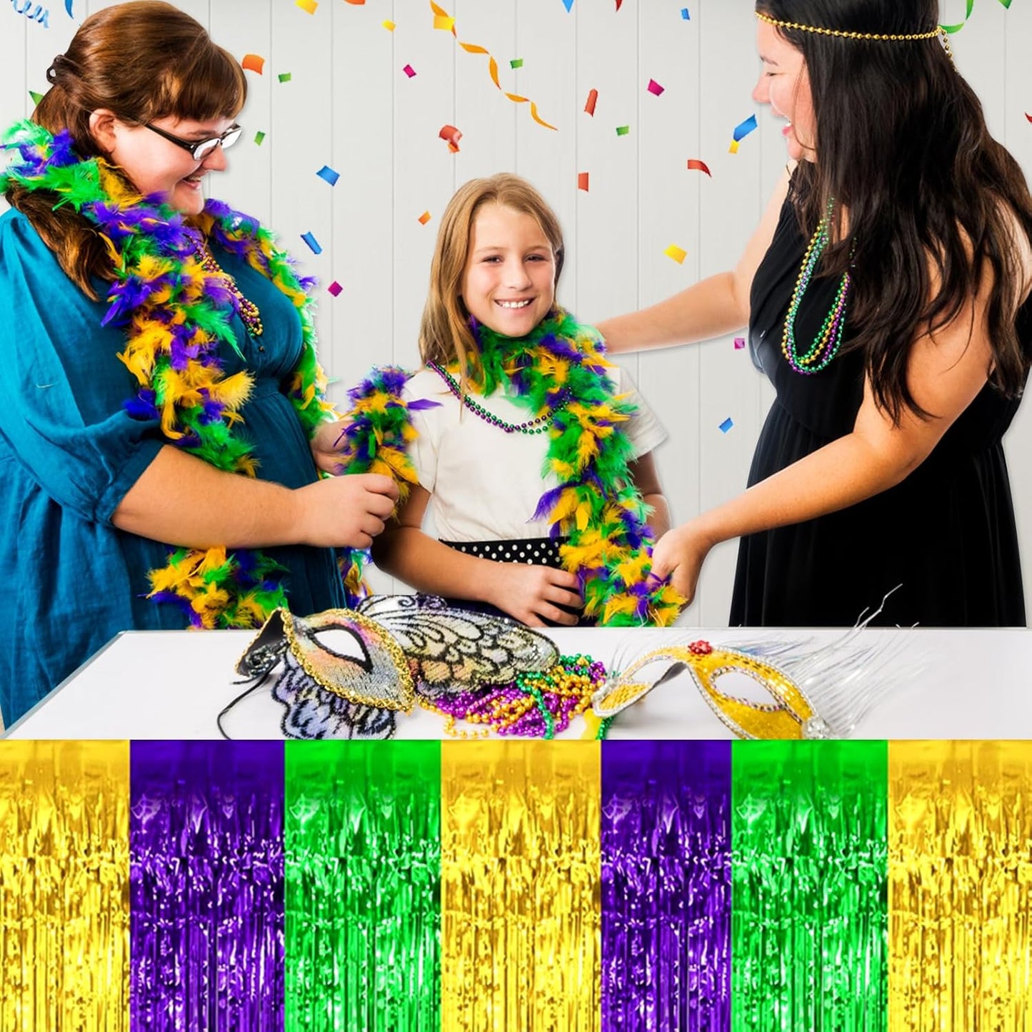 3 Pack 29 x108 Inch Gold Green Purple Foil Fringe Table Skirts Metallic Banner for Tinsel Streamer Garland Backdrop for Parade Floats Wedding Thanksgiving Birthday Christmas New Year Party Decoration