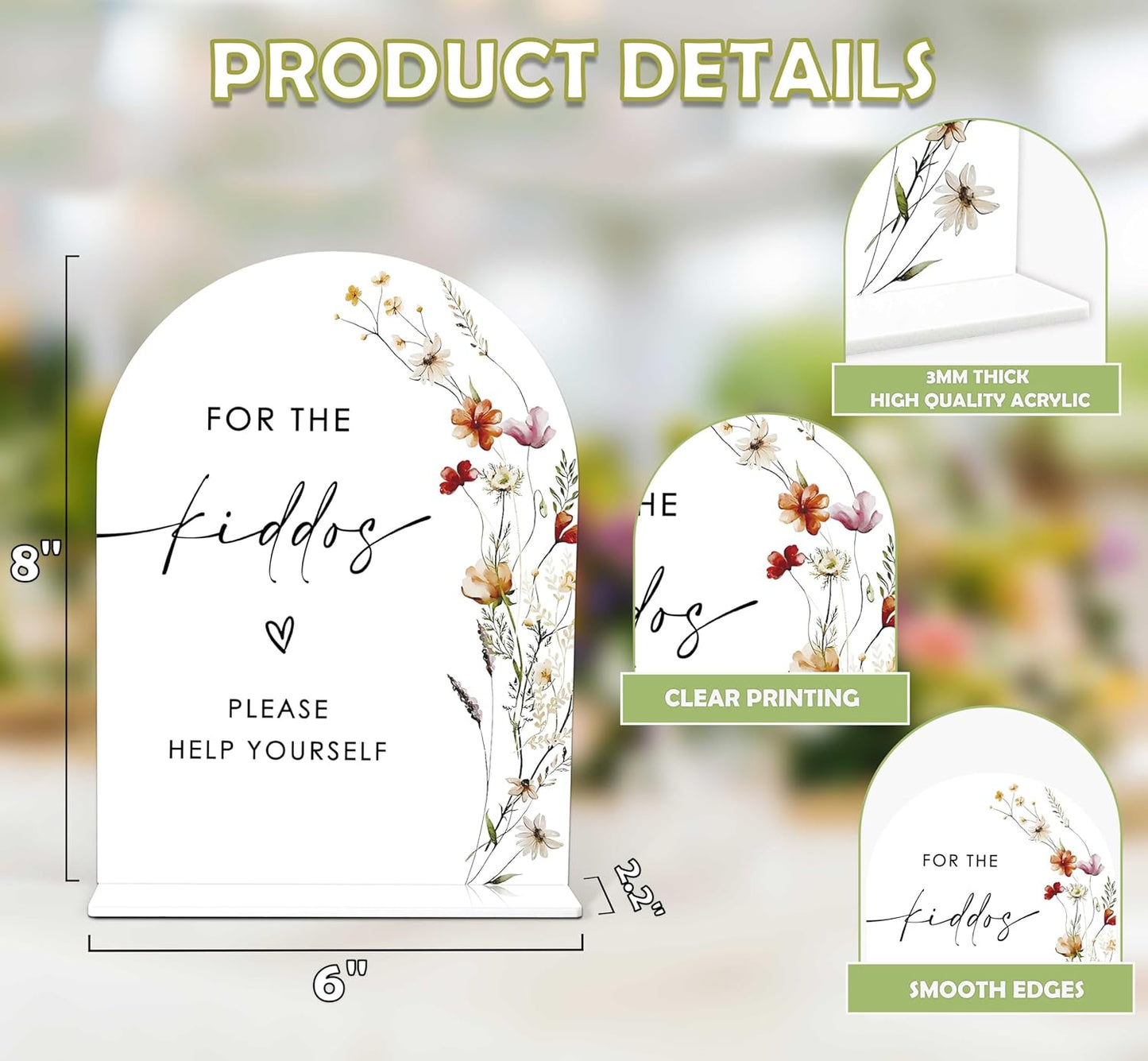 Boho Floral For the Kiddos Favors Sign, 6 x 8 Inch White Arch Acrylic Wedding Sign with Holder, Wedding Sign for Ceremony and Reception, Wedding Decoration, Wedding Supplies - BX27