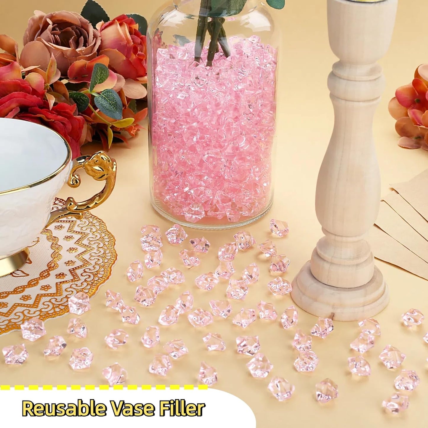 YATOJUZI 500pcs Fake Ice Cubes Pink Acrylic Crushed Rocks Vase Fillers Plastic Diamonds Gems for DIY Party Wedding Centerpiece Table Scatter Prop Display Decor 0.5" (Only Pink)