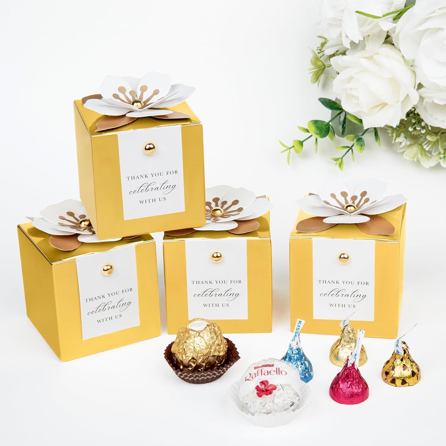FEIYI 20 PCS Candy Boxes, 3 In 1 Gold Favor Boxes with Floral Decor, White Thank You Tags Gift wrapping for Wedding Birthday Baby Shower Decorations Party -2.55x2.55x2.55''