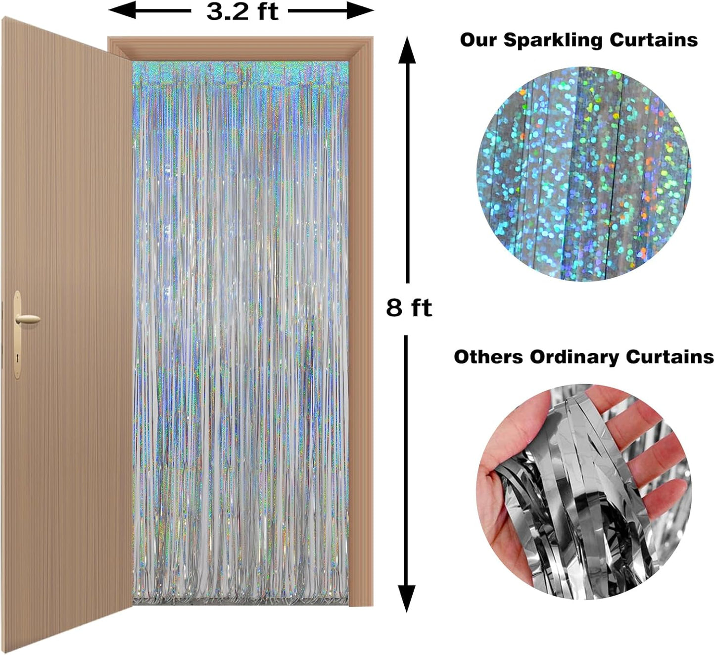 Foil Fringe Curtains Independence Day Decorations - Melsan 3 Pack 3.2 x 8.2 ft Silver Tinsel Curtain Photo Backdrop for Birthday Party or Disco Party Decorations