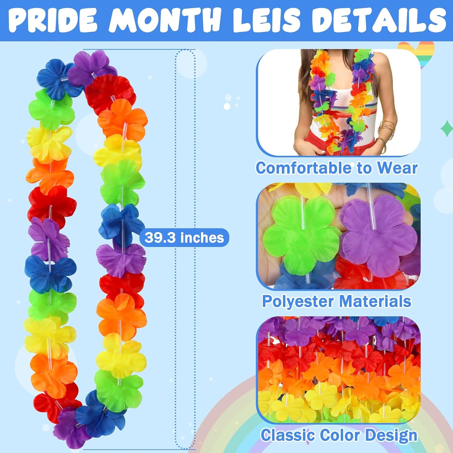 Hawaiian Leis Decorations, Luau Party Leis Bulk, Rainbow Hawaiian Pride Month Leis Accessories, Silk Flower Stuff Bulk, LGBT Gay Lesbian Lei for Parade Tropical Hawaiian Luau Party