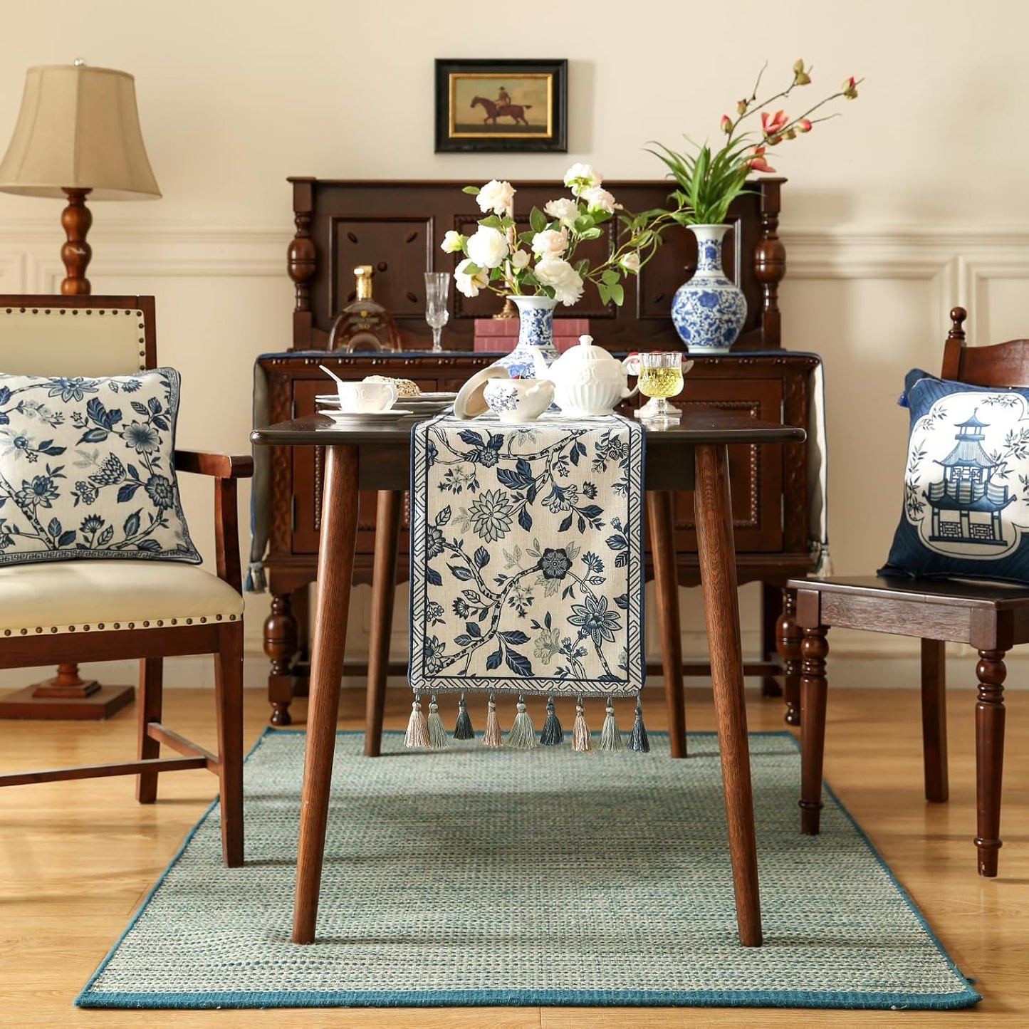 Decorative Linen Table Runner 87 Inches Long,Chinoiserie Blue Floral Cloth Runner for Coffee Table Decor Tabletop Table Runners for Kitchen,Dining,Party,Home,Christmas,12"*87"