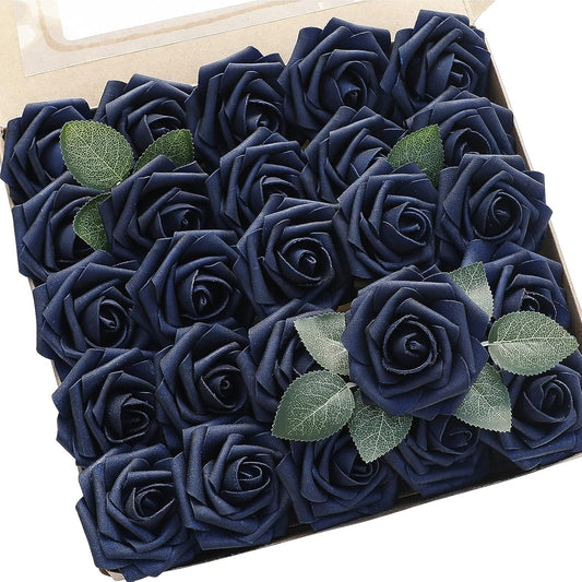 Floroom Artificial Flowers 50pcs Real Looking Navy Blue Foam Fake Roses with Stems for DIY Wedding Bouquets Bridal Shower Centerpieces Floral Arrangements Party Tables Home Decorations