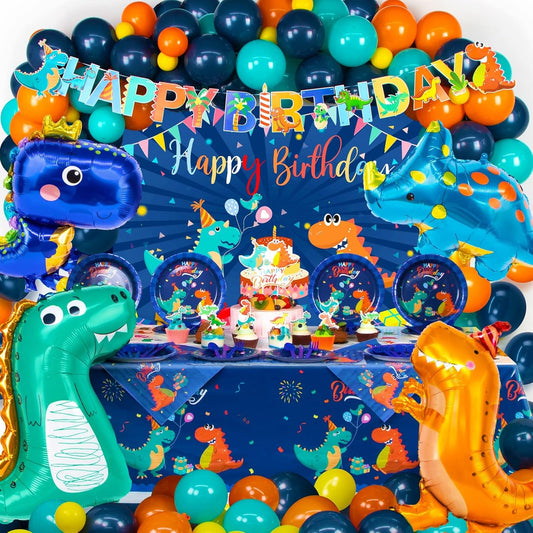 265 PCS Dinosaur Party Decorations, Blue Dinosaur Birthday Party Supplies for Boys Include Dino Balloons, Customized Backdrop, Happy Birthday Banner, Tablecloth, Plates, Cake Toppers