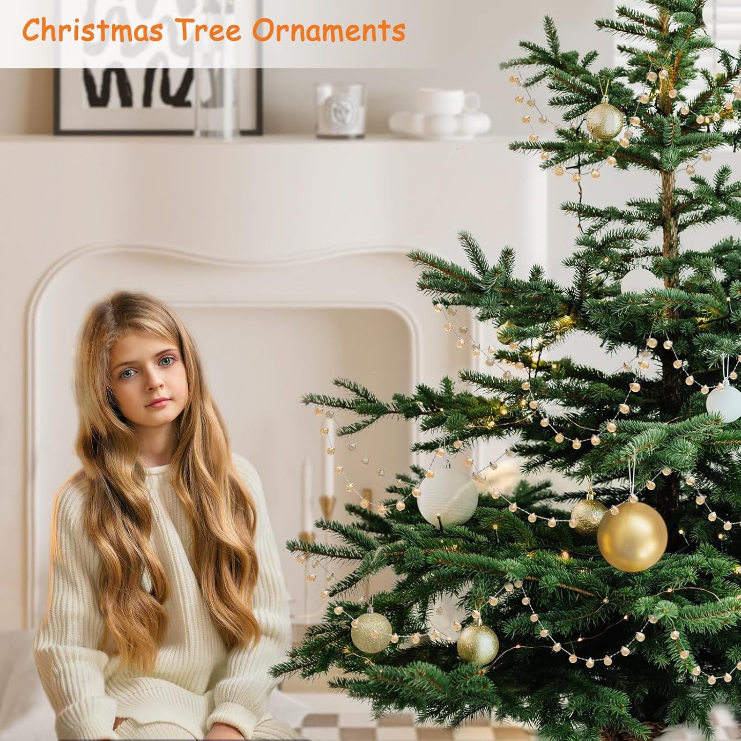 Christmas Garland, 9.8Ft Crystal Glass Beads Strands, 100pcs 10mm Faceted Waterdrop Glass Beads Hanging Ornament for Christmas Tree Centerpieces Wedding Party Decorations (Gold)