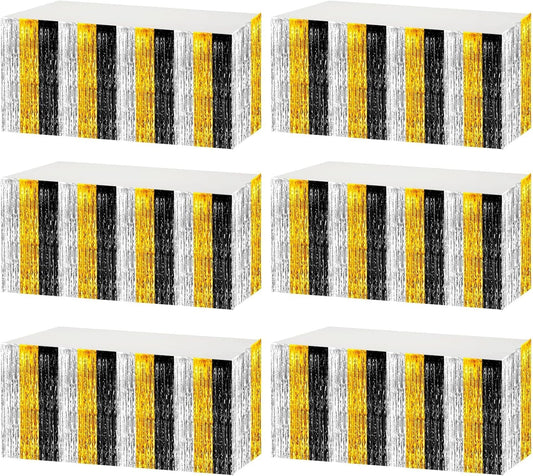 6 Pack 29x108 Inch Metallic Foil Fringe Tinsel Table Skirts Banner for Rectangle Tables Streamer Garland for Birthday, Parade Floats, Valentine's Day Party Decoration(Black Gold Silver)