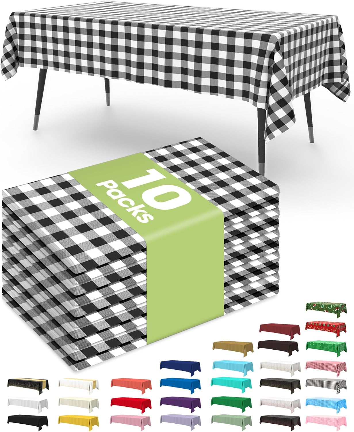 Pureegg Plastic Table Cloth Disposable 10 Pack, 54 x 108 Inch Table Cloths, Party, Picnic, Decorative Gingham Tablecloths, Rectangle, Black and White Checkered Cover, Leakproof & Sturdy, Black Plaid