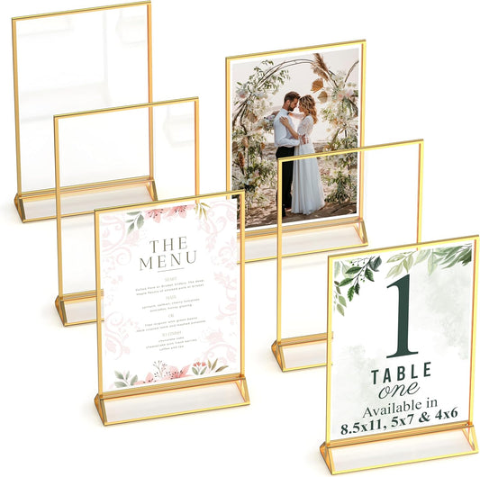 Dasher Products Gold Picture Frames Double-Sided, 6-Pack 4x6 Acrylic Table Number Holders, Clear Easel Stands for Signs, Gold Frames for Wedding Table Numbers, Menu Holders, and Photo Displays for Events and Décor