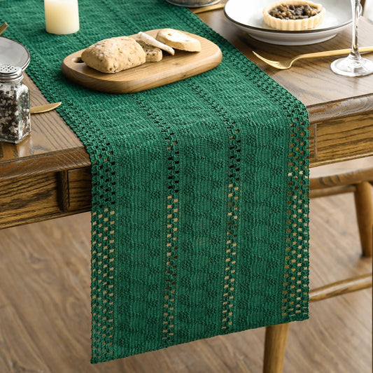 Artoid Mode Dark Green Farmhouse Woven Rustic Hollow Table Runner, Seasonal Holiday Kitchen Dining Table Decoration for Home Party Decor 12x36 Inch