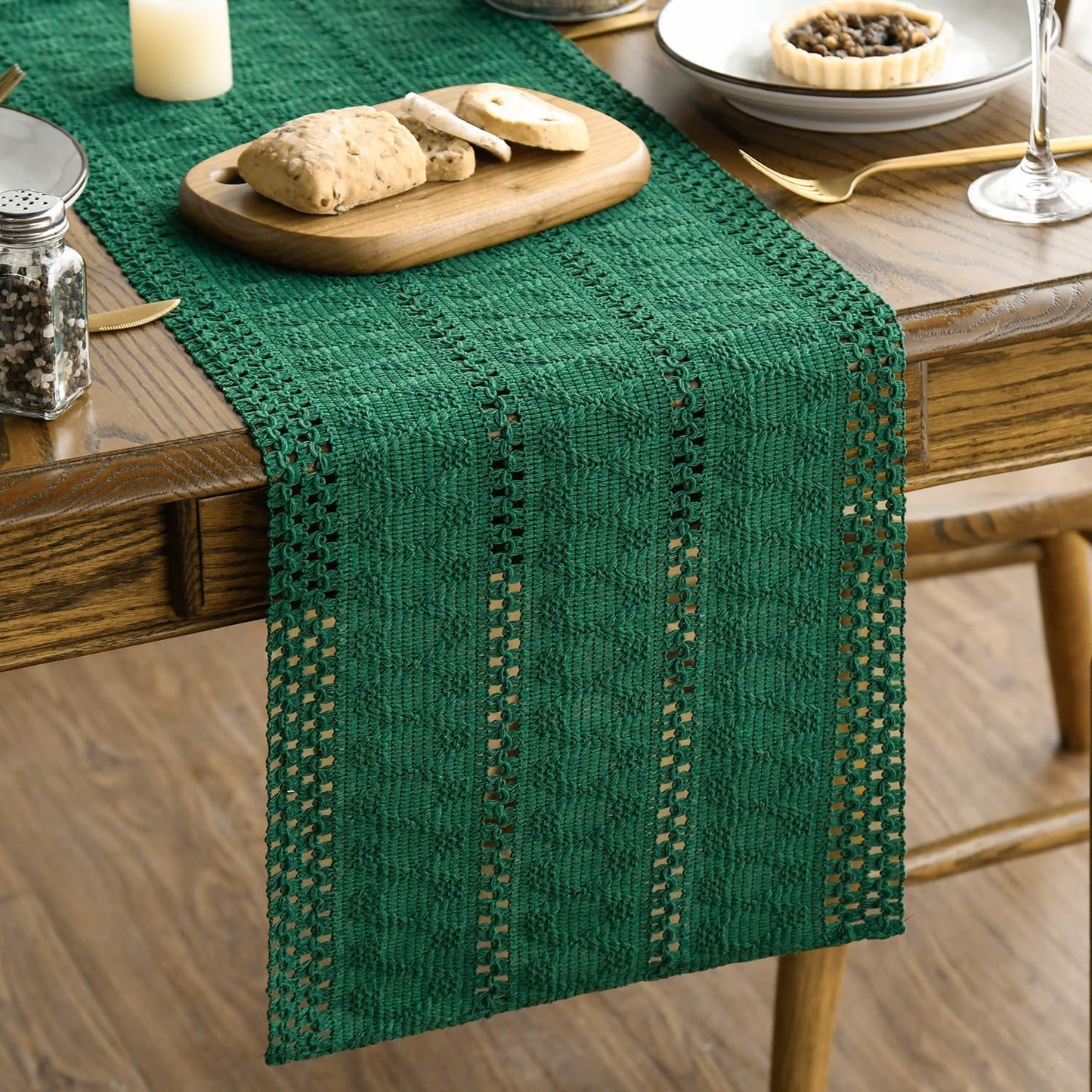 Artoid Mode Dark Green Farmhouse Woven Rustic Hollow Table Runner, Seasonal Holiday Hollow Kitchen Dining Table Decoration for Home Party Decor 12x90 Inch
