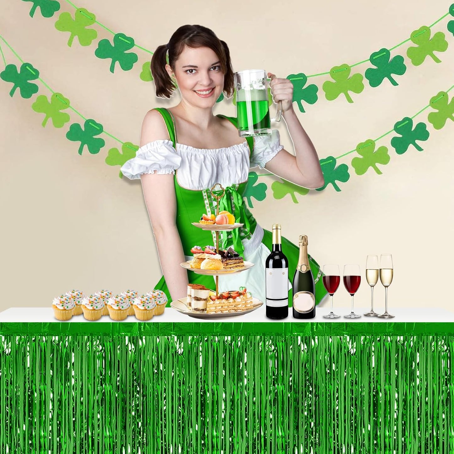 3 Pack 29x108 Inch Green Foil Fringe Table Skirts Metallic Banner for Tinsel Streamer Garland Backdrop for Parade Floats Wedding Thanksgiving Birthday Christmas Halloween Party Decoration