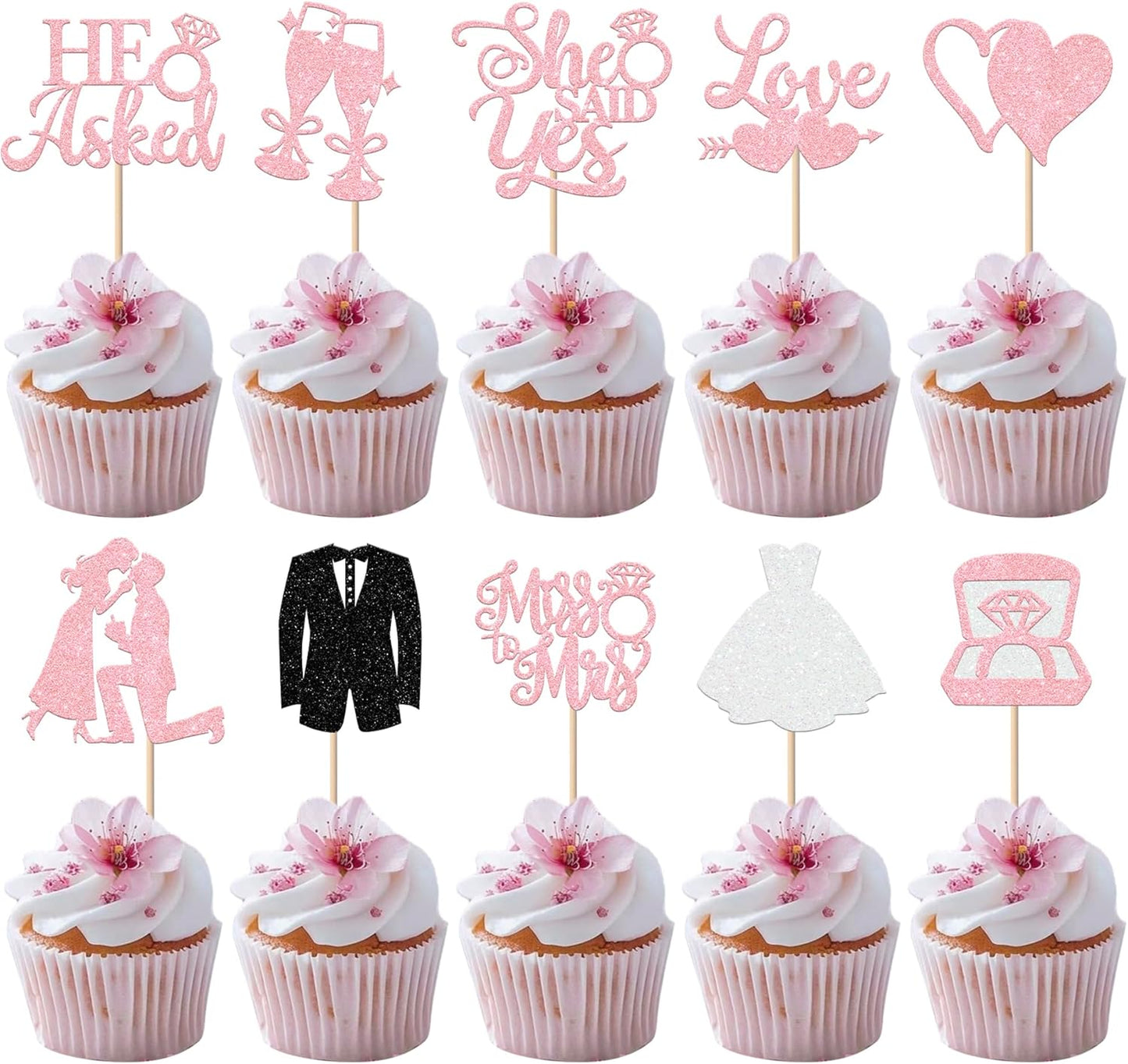 30 Pack Bride to be Cupcake Toppers Glitter Diamond Ring Love I Do Cupcake Picks Miss to Mrs He Asked She Said Yes Bridal Shower Wedding Engagement Bachelorette Cake Decorations Party Pink
