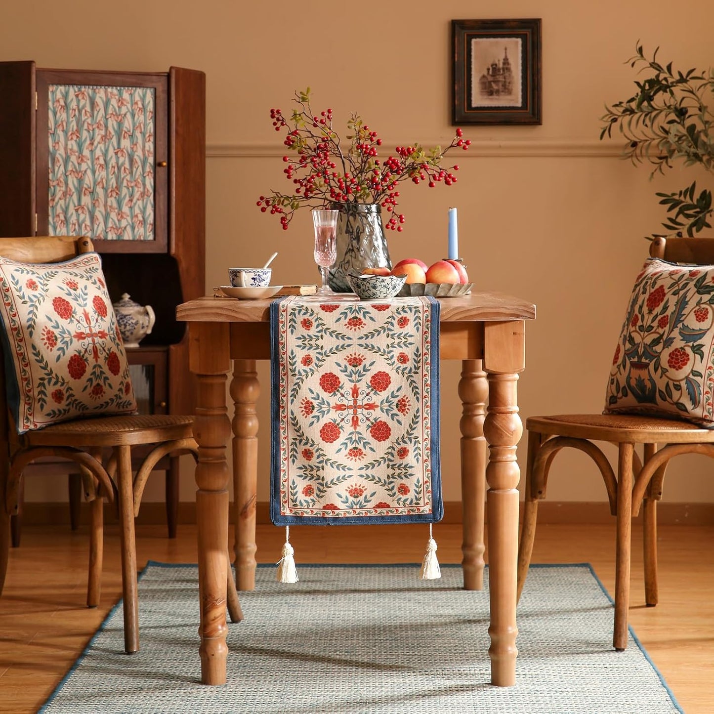 patdrea Designer Vintage Bright Farmhouse Linen Table Runner 87 Inch Long, Maroon Floral Pattern Table Mat, Decoration for Kitchen Dining Table Coffee Table Cabinet Banquet Christmas ,12"*87"