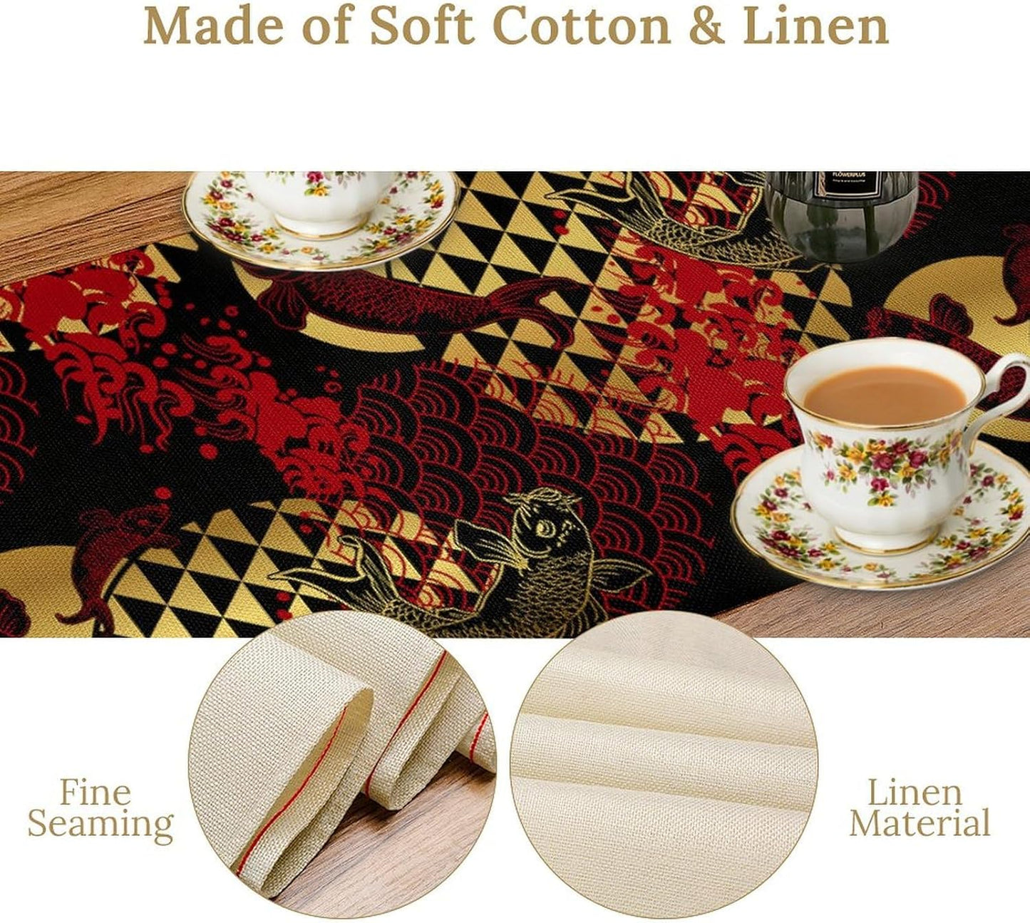 Japanese Table Runner Oriental Tradition Kio Fish Red Art Printed Burlap Runner Home Kitchen Dining Table Living Room Decor Fabric 1 Panel W13xL60in