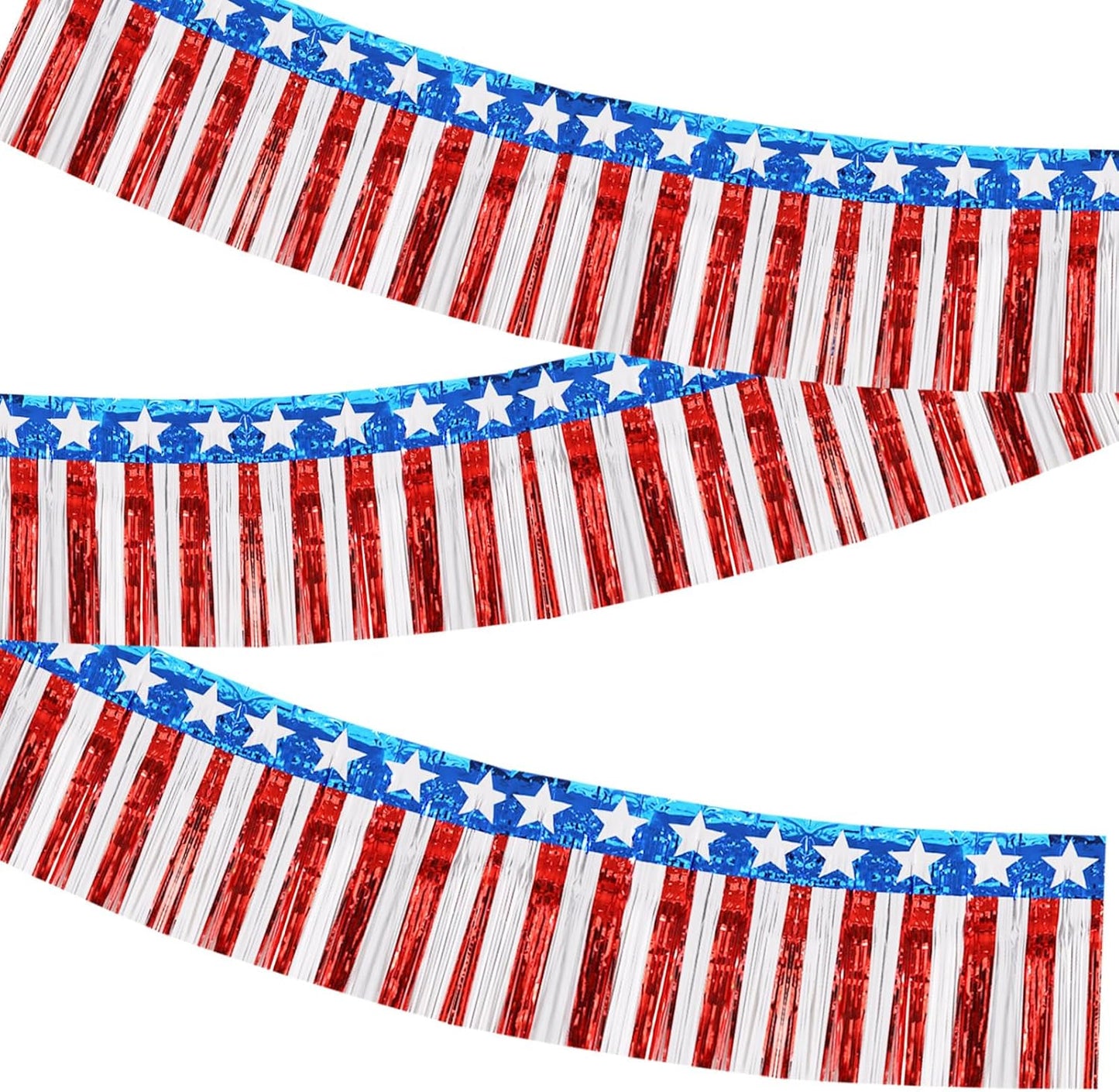 BEISHIDA 3 Packs Metallic Foil Fringe Garland Star Red White Blue Wall Hanging Tinsel Fringe Banners for Car Floats 4th of July Memorial Day Patriotic New Year Party Decoration(30 Feet)