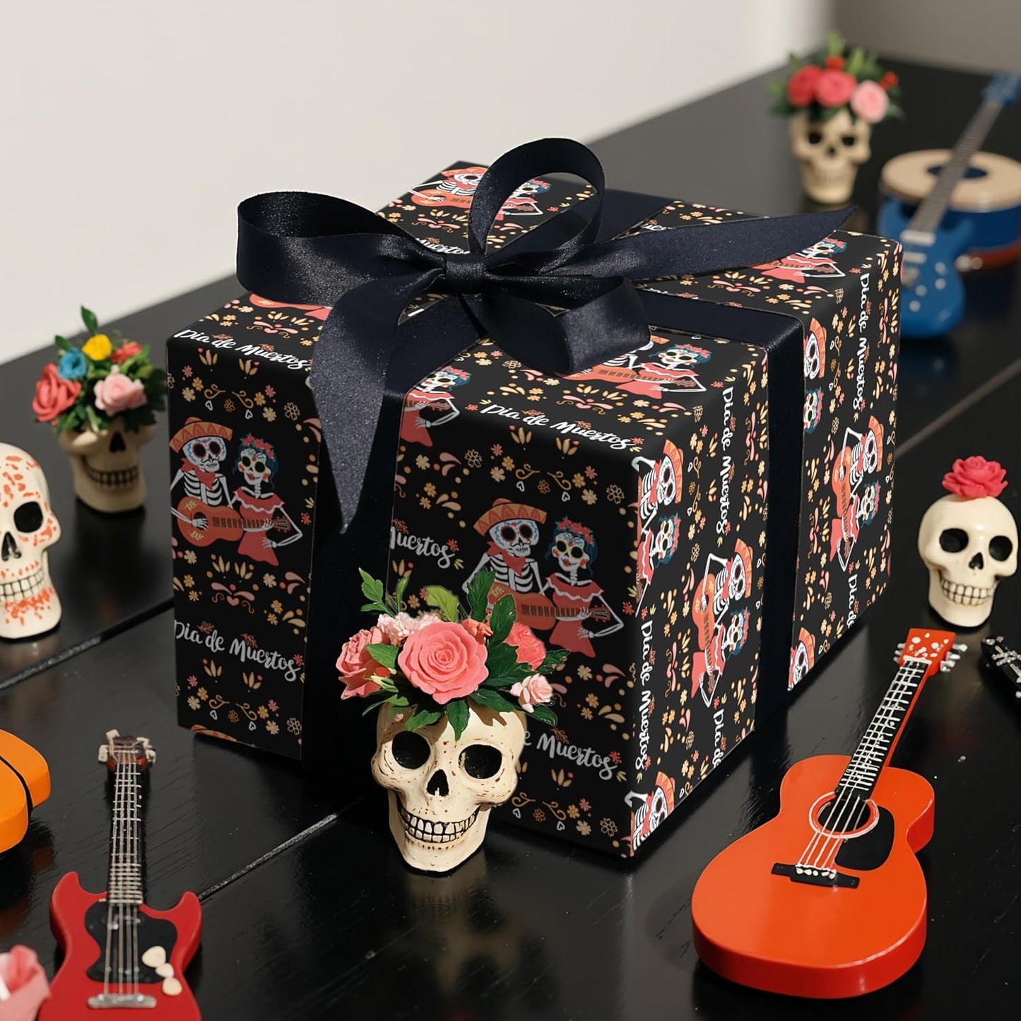 LeZakaa Day of the Dead Wrapping Paper Roll, Skulls, Día de Muertos Skeleton Couple Playing Guitar Design, for Party Celebrations, Romance, Mini Roll 17 in x 16.4 Ft