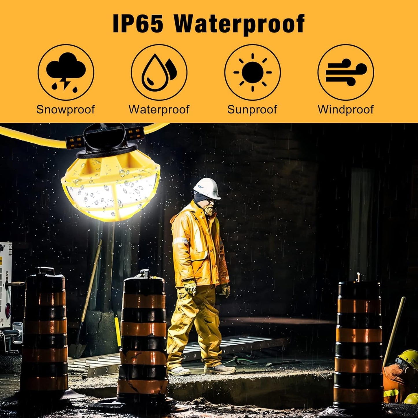 100FT Construction String Lights with Cage, IP65 Waterproof LED String Work Lights, 5000K Daylight 18AWG Wire Linkable Temporary Construction Lighting for Jobsite with 10 Bulbs & Hooks