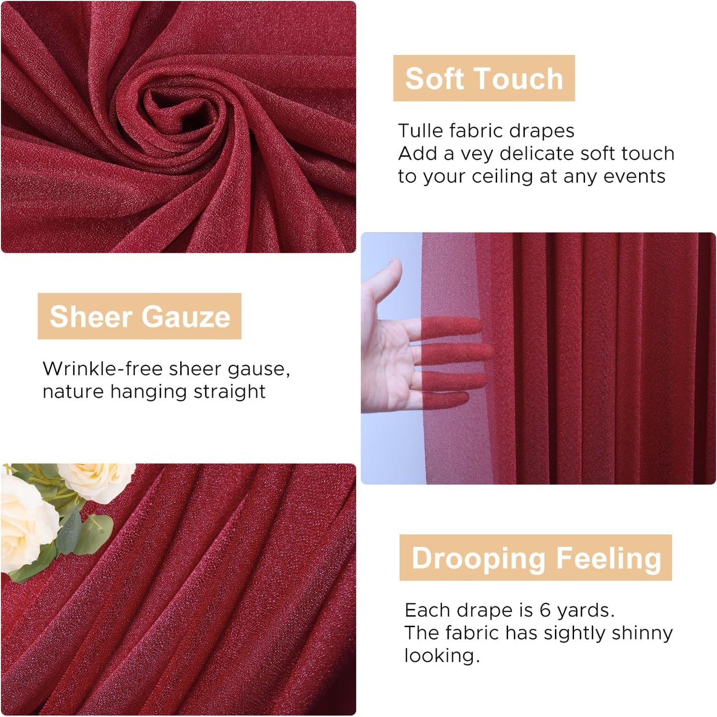 Wokceer Wedding Arch Draping Fabric 6 Panels 28.7" x 20FT Burgundy Drapes Sheer Fabric Backdrop Arch Draping Fabric for Wedding Ceremony Birthday Party Bridal Shower Decoration