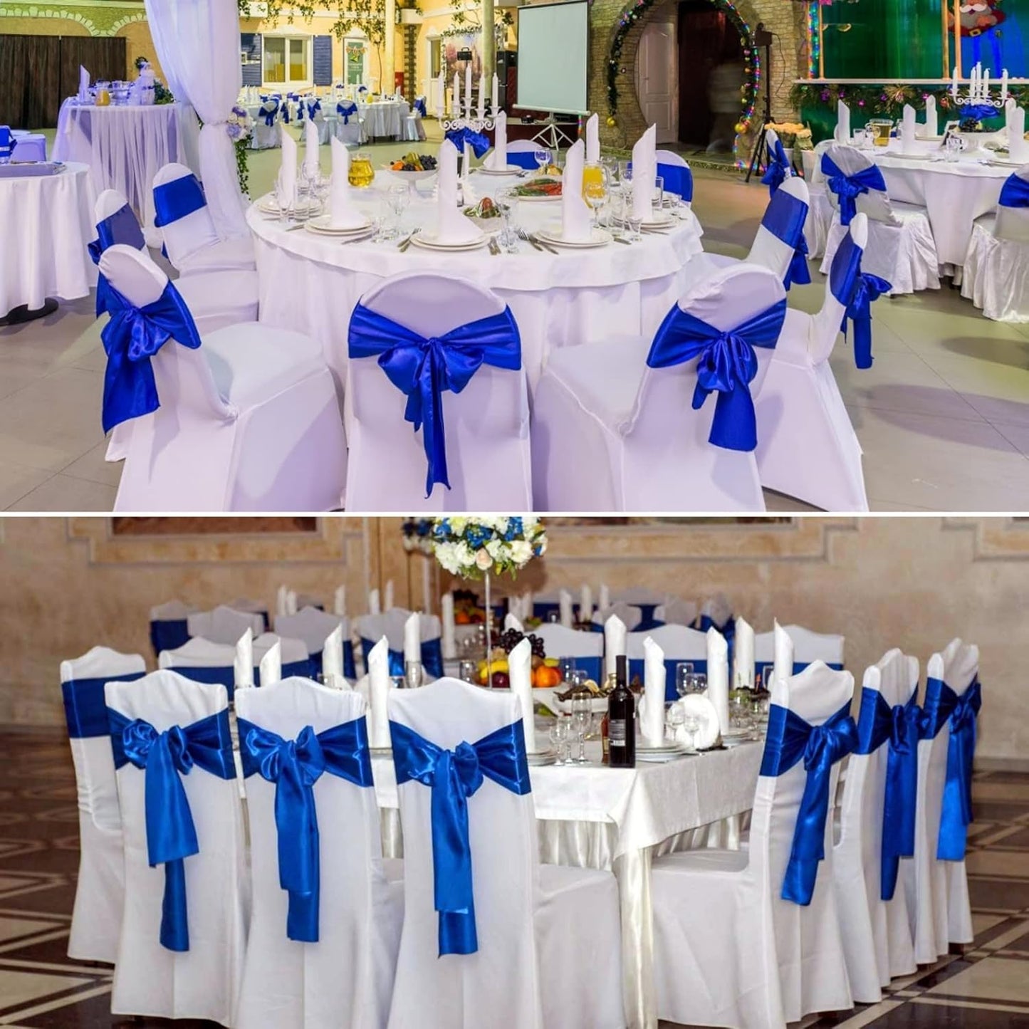 100 PCS Satin Chair Sashes Decorative Bow Satin Chair Sashes Ties Back Ribbon Bows Chair Cover Band for Wedding Party Ceremony Reception Events Banquet Restaurant Kitchen Decor(7X108inch,Royal Blue)