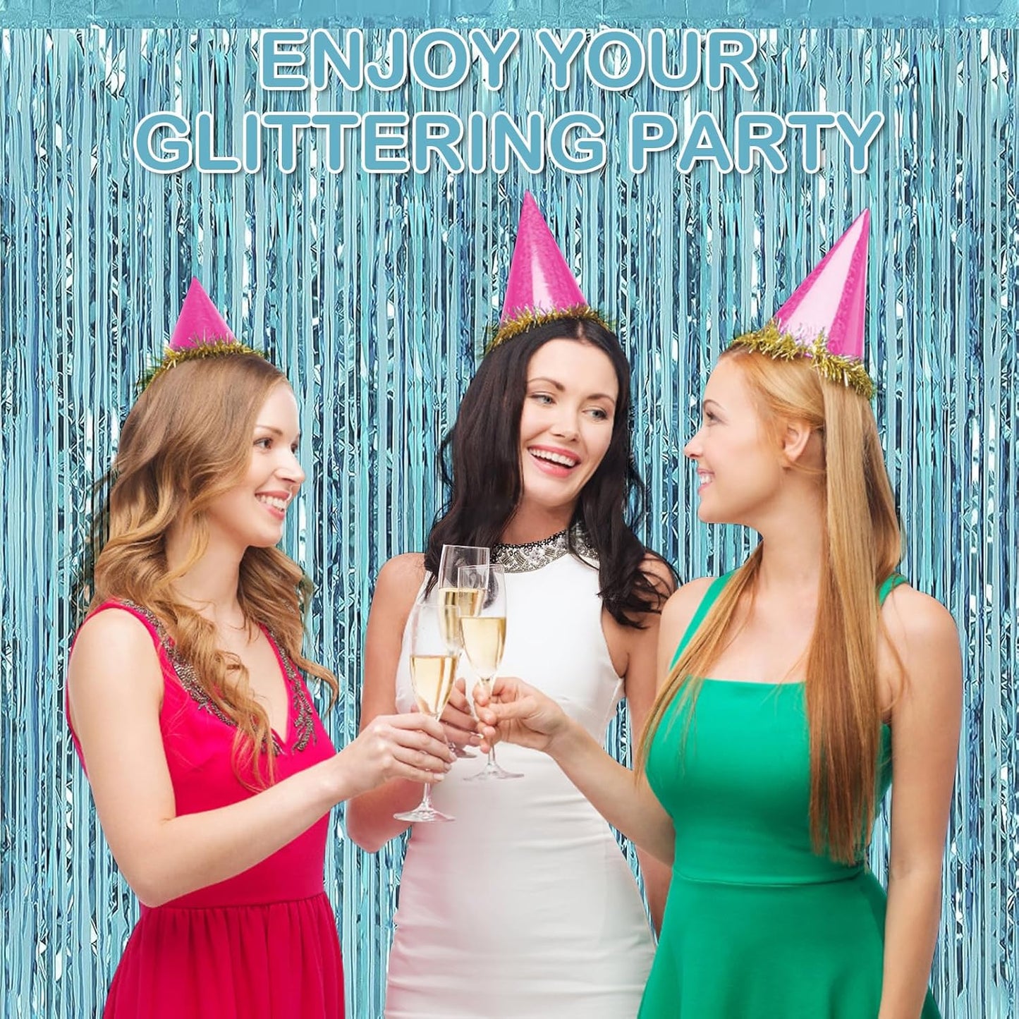 Light Blue Fringe Curtain Party Streamers, 12 Pack 3.3ft x 8.2 ft Foil Curtain Backdrop Tinsel Foil Fringe Curtains Photo Booth Backdrop Streamer for Birthday, Wedding, Baby Shower, Disco Party