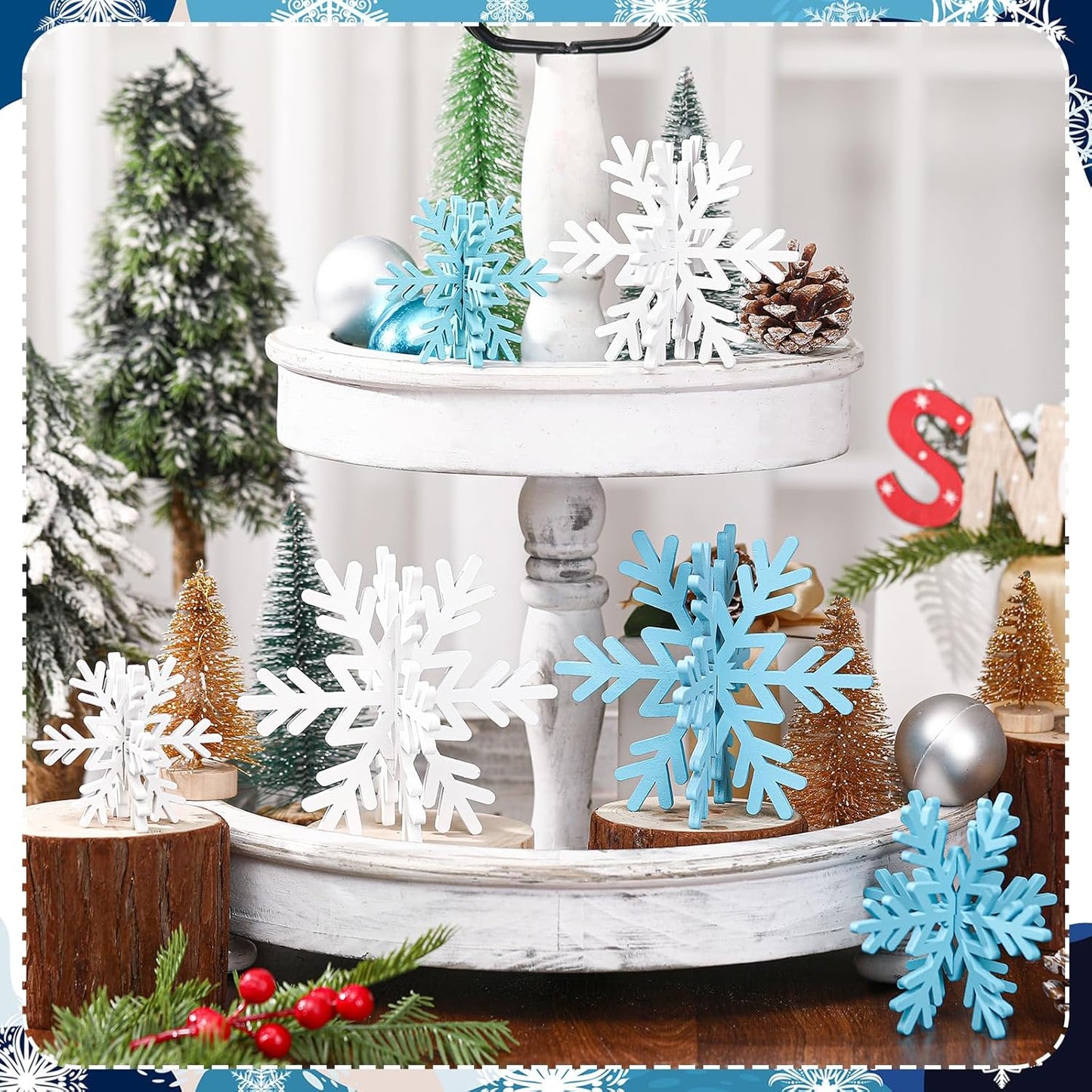 Bucherry 12 Pcs Wooden Snowflake Table Decor 3D Snowflake Tabletop Signs and Centerpiece for Christmas Xmas Winter Wonderland Decorations Home Party(White, Light Blue)