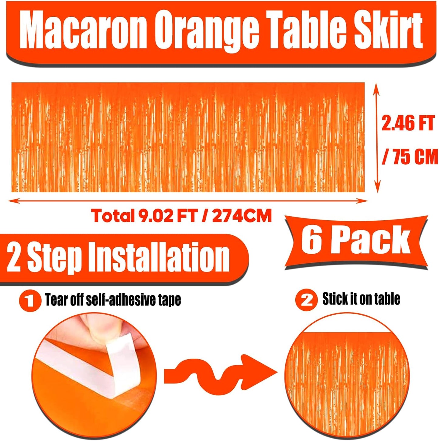 6 Pack 29x108 Inch Metallic Foil Fringe Tinsel Table Skirts Banner for Rectangle Tables Streamer Garland Curtains Backdrop for Wedding, Birthday, Parade Floats, Christmas Party Decoration(Orange)