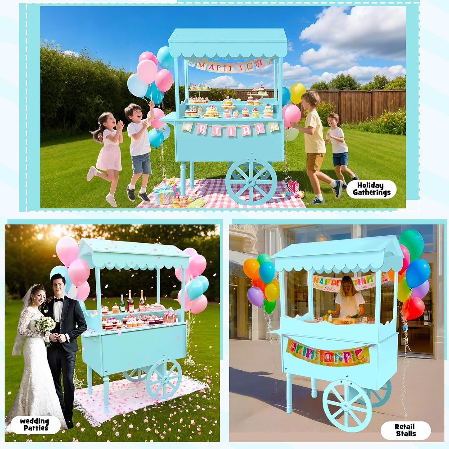 7FT Candy Cart Display Stand with Decorated Wheels, Dessert and Party Decoration Cart with 100 Ballons, Easy to Install Vintage for Parties, Birthdays, Weddings, (blue)