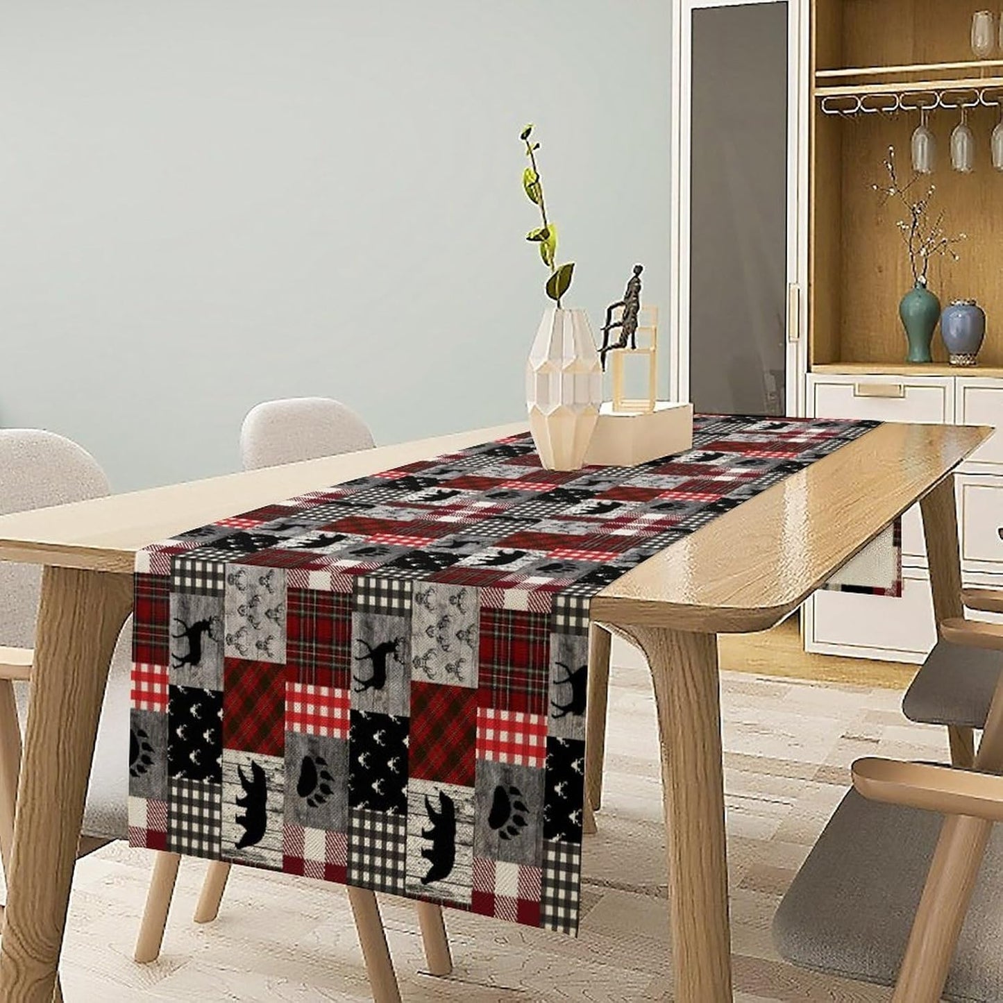 Rustic Farm Table Runner,Vintage Woodland Deer Bear Animal Buffalo Plaid Print Tablecloth Burlap for Hotel Indoors Outdoor Dining Room Kitchen Home Decor,W13X L108 in