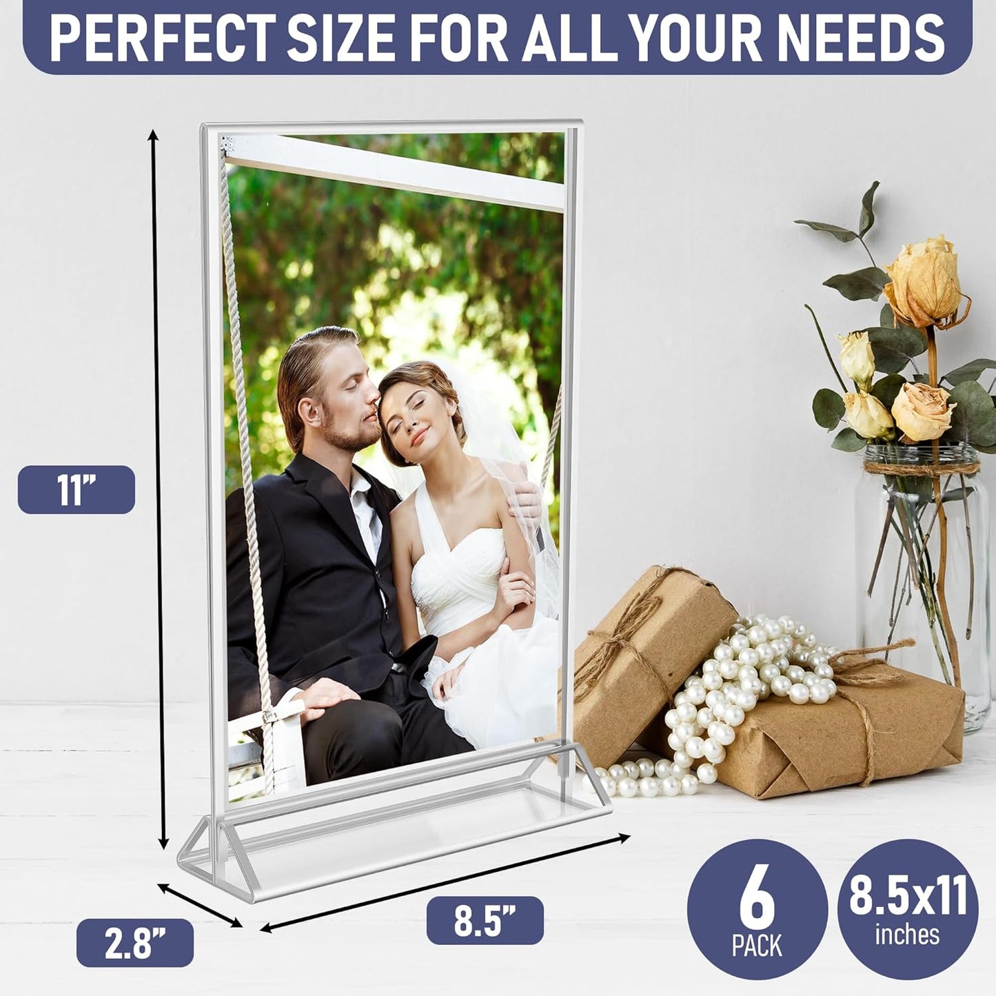 Silver Picture Frames Double-Sided, 6-Pack 8.5x11 Acrylic Table Number Holders, Clear Easel Stands for Signs, Silver Frames for Wedding Table Numbers, Menu Holders, Photo Displays for Events and Décor