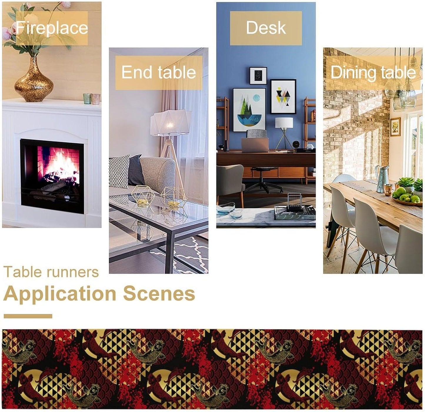 Japanese Table Runner Oriental Tradition Kio Fish Red Art Printed Burlap Runner Home Kitchen Dining Table Living Room Decor Fabric 1 Panel W13xL70in