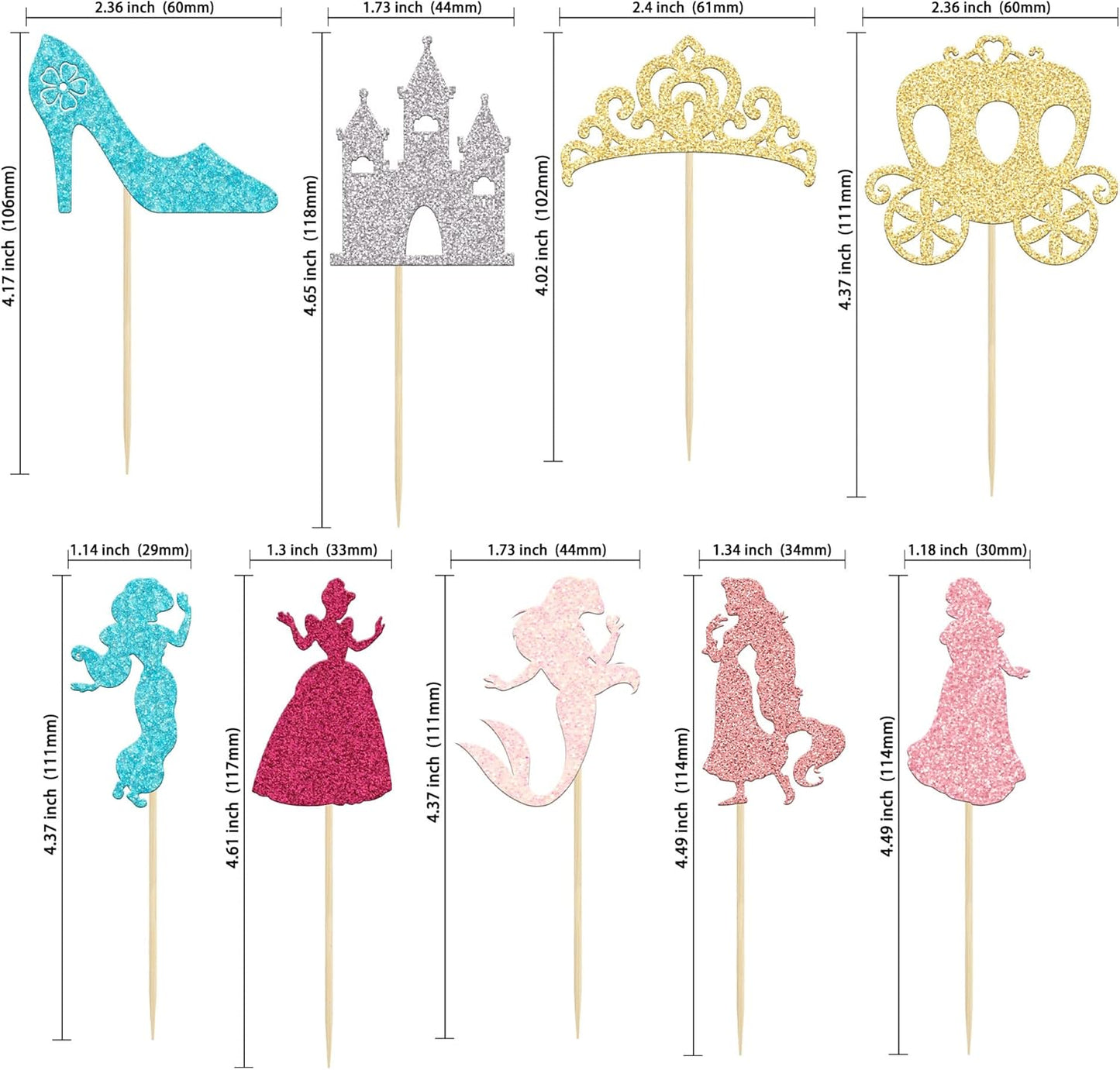 Gyufise 36Pcs Princess Cupcake Toppers Colorful Glitter Mermaid Girl Castle Carriage High Heel Crown Cupcake Picks Princess Theme Baby Shower Girls Birthday Party Cake Decorations Supplies