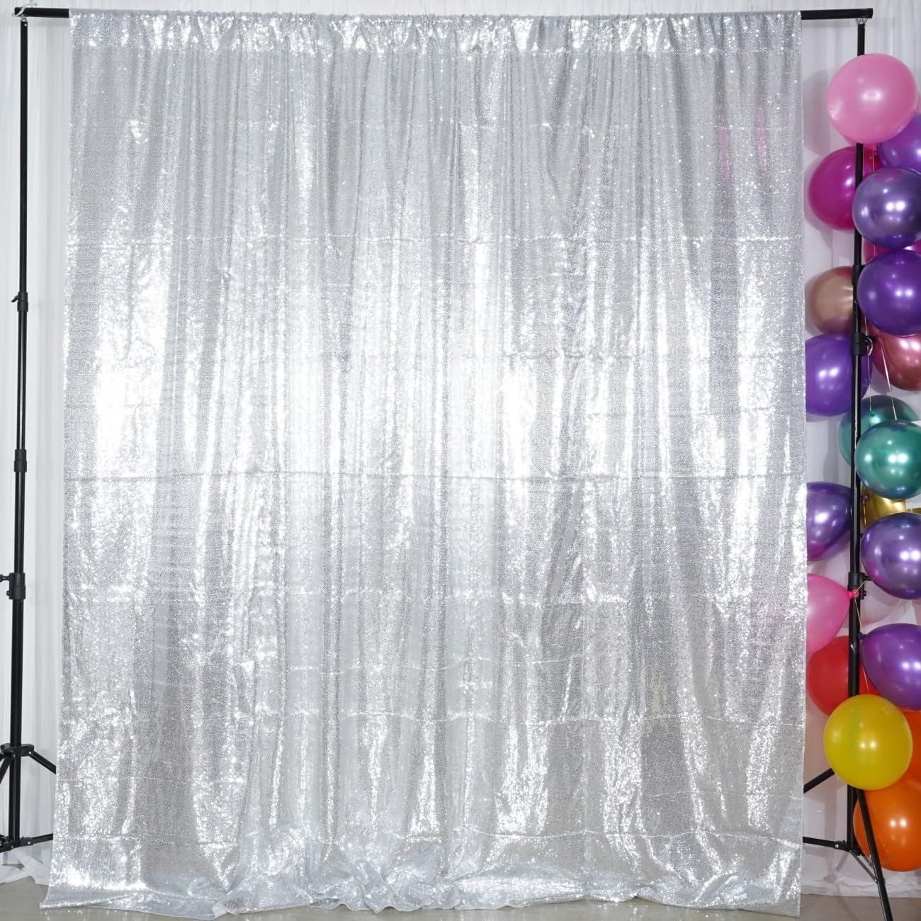 Poise3EHome 5Ft x 7Ft Silver Sequin Backdrop, Glitter Thick Satin Sequin Background Drapes, Sparkly Photography Curtain, Sequence Xmas Thanksgiving Backdrop for Wedding Party Holiday Festival Decor