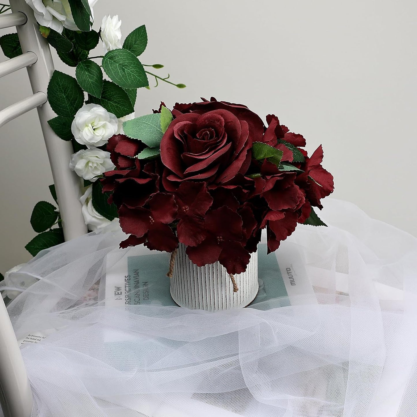 Flower Table Centerpieces - Set of 6 Floral Arrangement Artificial Wedding Hydrangeas Floral Arrangement with Rustic Metal Vase for Bridal Tea Party Event Decorations - Burgundy