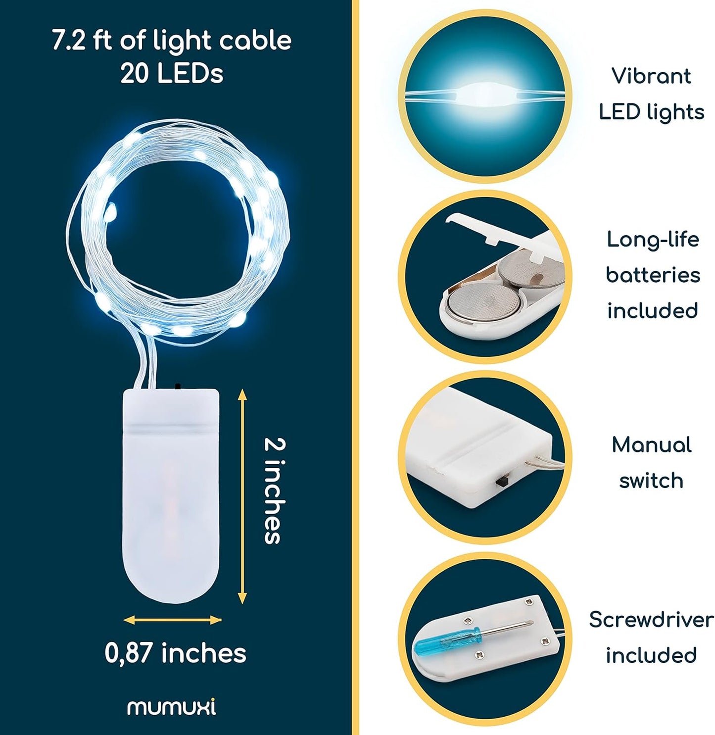 MUMUXI 20 Pack 3.3ft Fairy Lights Battery Operated String Lights, Mini White LED Powered, Waterproof, Silver Wire Firefly Mason Jar for Home, Party, Wedding Decorations, Cool White