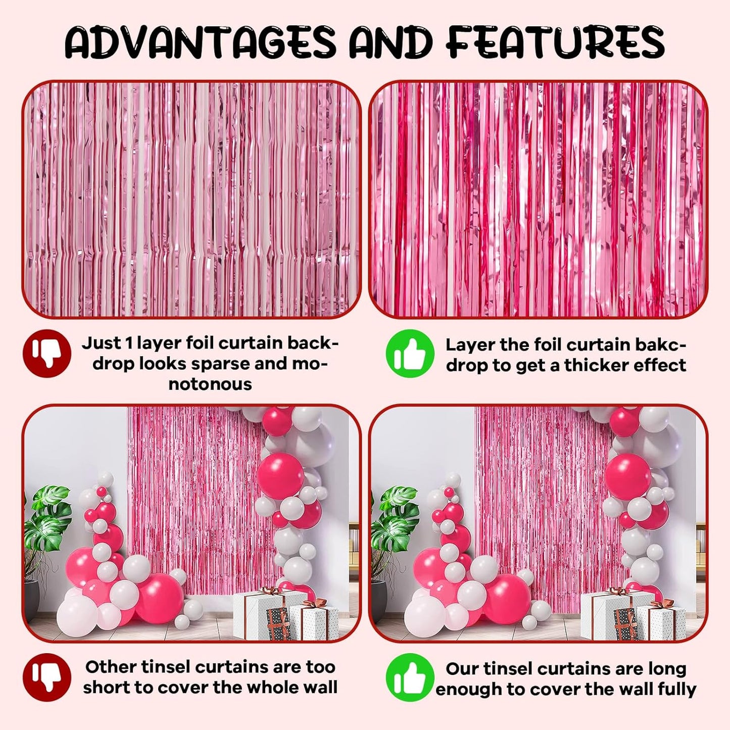 2 Pack Pink Tinsel Foil Fringe Curtains, Pink Party Decorations, Metallic Tinsel Party Streamers Backdrop for Birthday Baby Shower Graduation Wedding Bachelorette Party Decorations