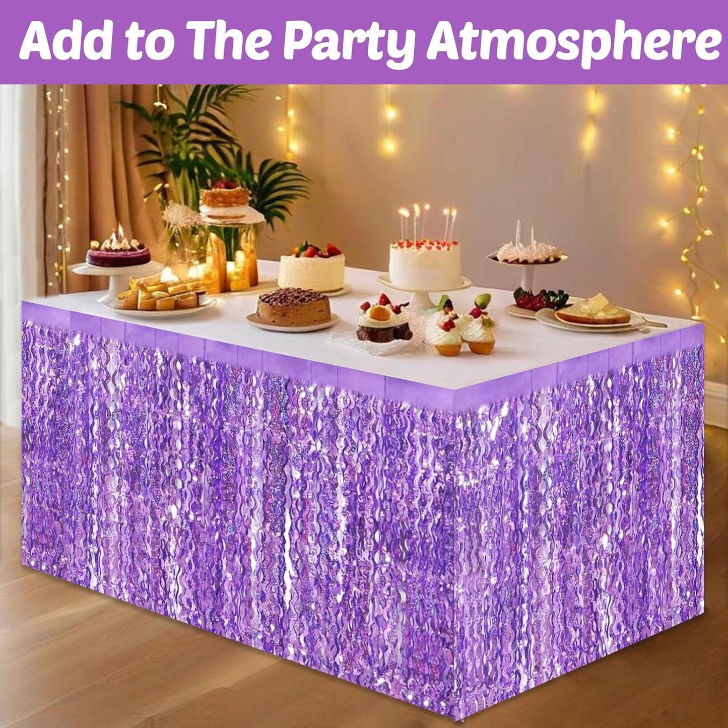 6 Pack 29x108 Inch Light Purple Wave Foil Fringe Table Skirts Metallic Banner for Tinsel Streamer Garland Backdrop for Parade Floats Mother's, Graduate, Mardi Gras, Birthday, Wedding Party Decorations