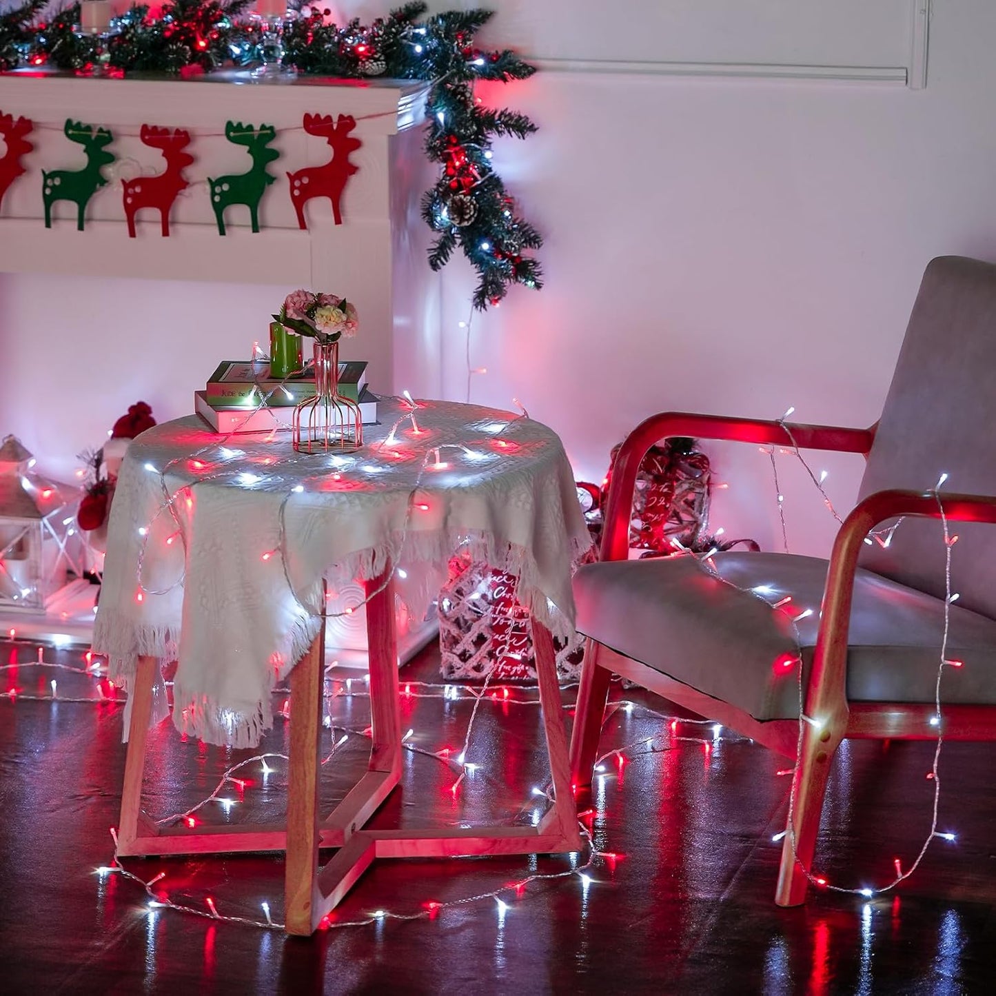 JMEXSUSS 500 LED Red and White Christmas Lights, 8 Modes 163ft String Lights Plug in with Remote Control, Clear Wire Christmas String Lights Outdoor Waterproof for Outside Tree Yard Wedding