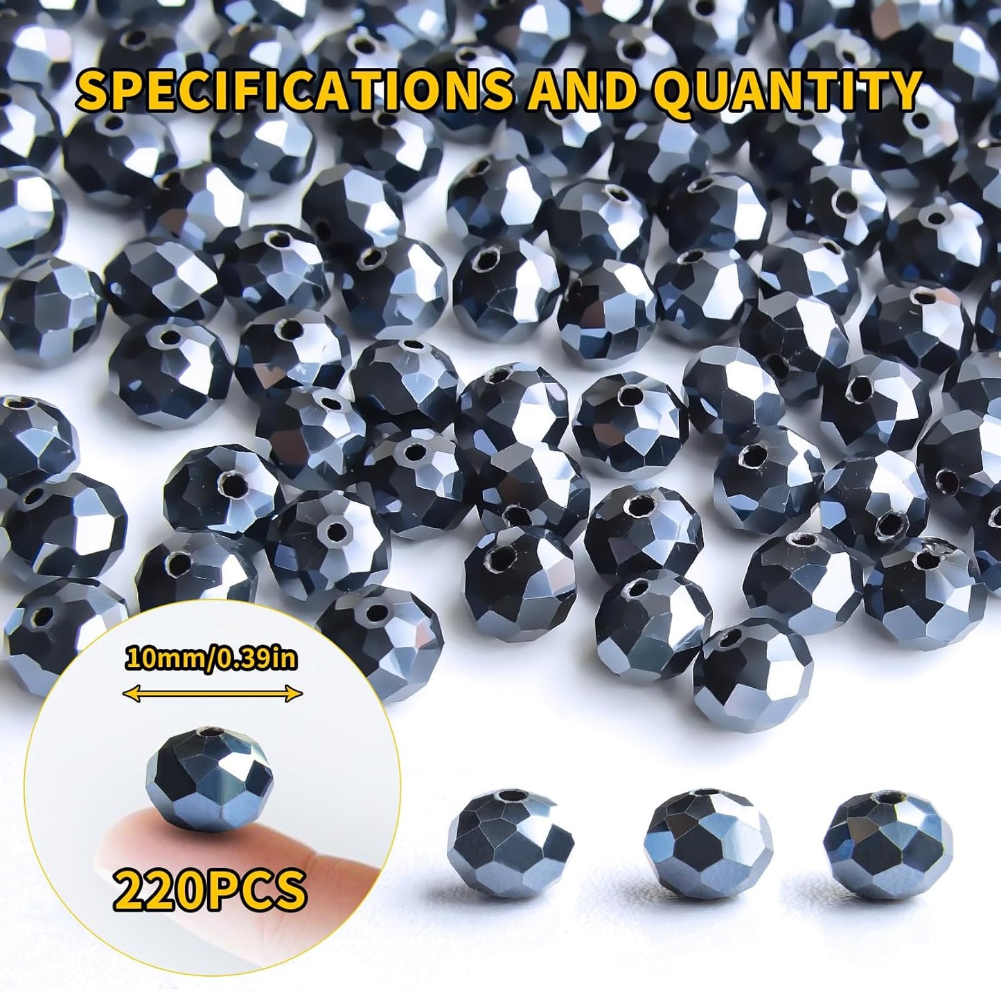 220Pcs 10mm Crystal Glass Beads for Jewelry Making Beads for Bracelets Necklace Pendants Making Supplies(Navy Blue)