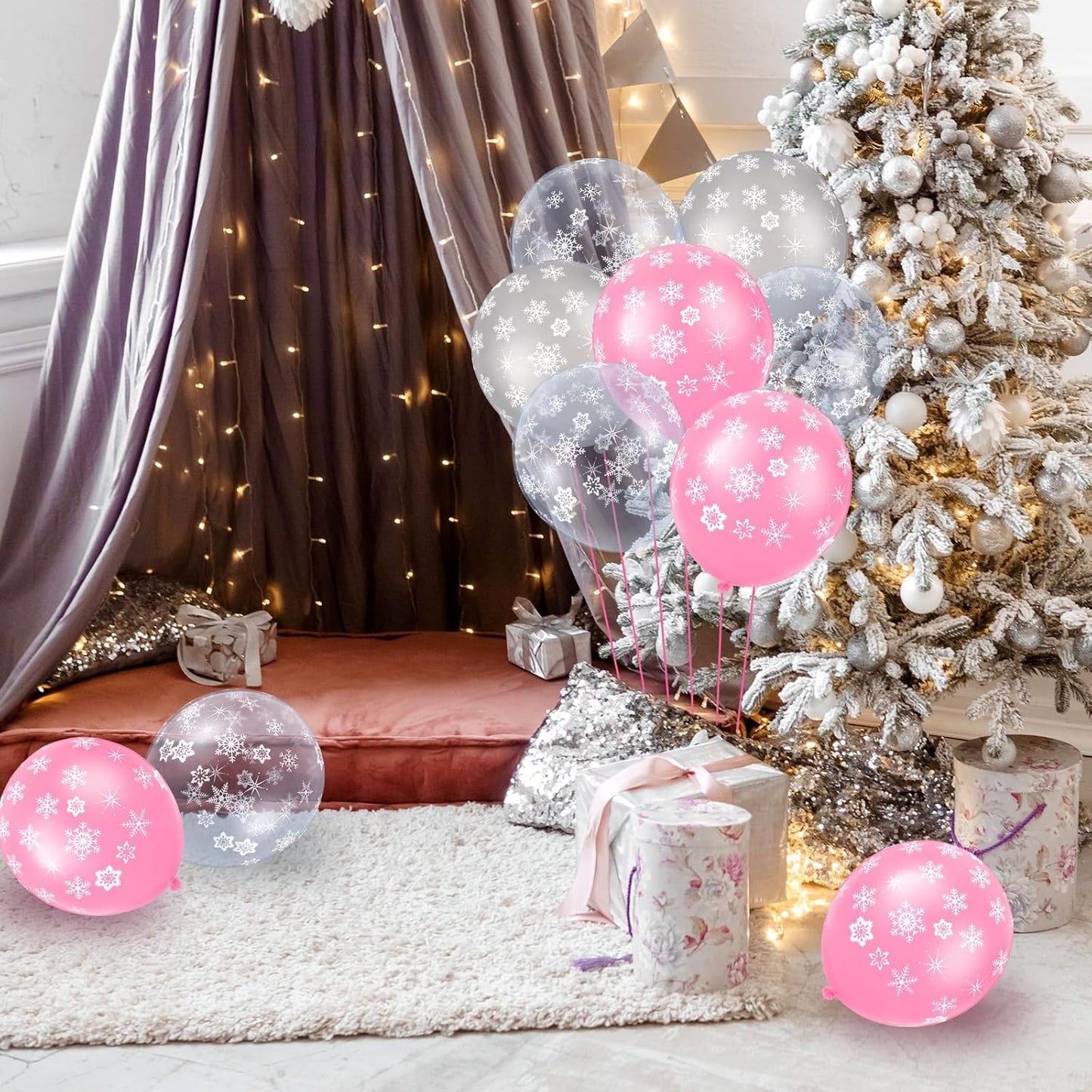 Skylety 40 Pieces Snowflake Balloons Bulk Winter Transparent Snowflake Latex Balloons for Christmas Birthday Wedding Party Decorations(Pink, Silver, Clear)