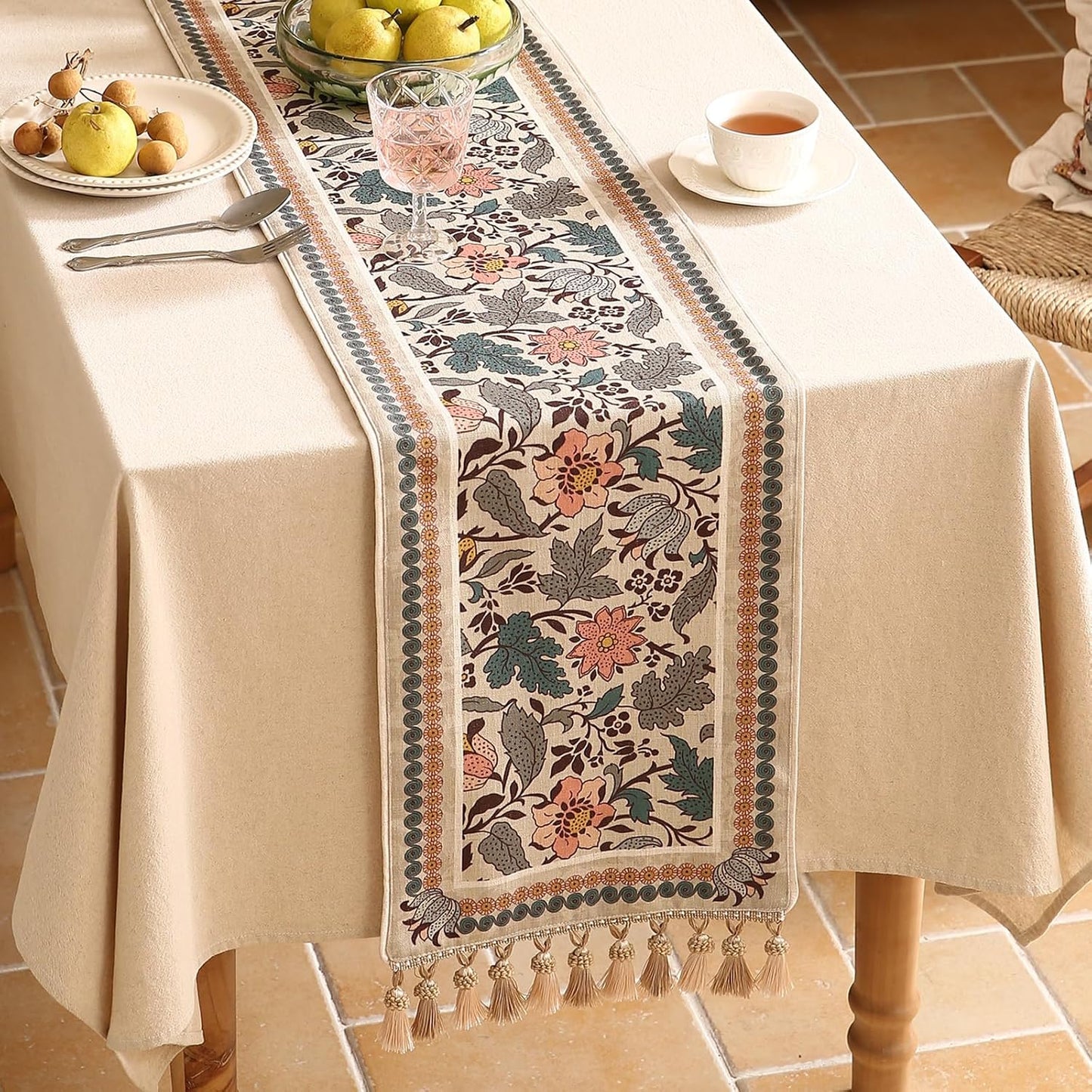 ISAENNE Designer Bohemian Linen Table Runner 87 Inches Long,Elegant Lotus Flowers Pattern Decor Table Runners for Dining Tables,Thanksgiving,Kitchen Tables,Christmas,12"*87"-Hazel A