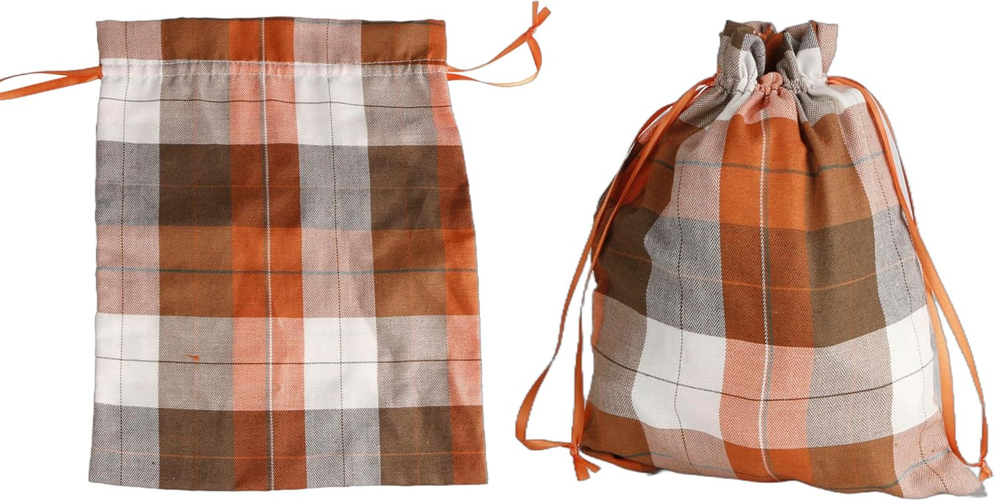Large Fall Burlap Bags with Drawstrings - Orange Buffalo Plaid, Sage Green Gingham - Reusable Brown Pouch for Thanksgiving Party Gift Wrapping Goodies (4 colors, 6x8 inch)