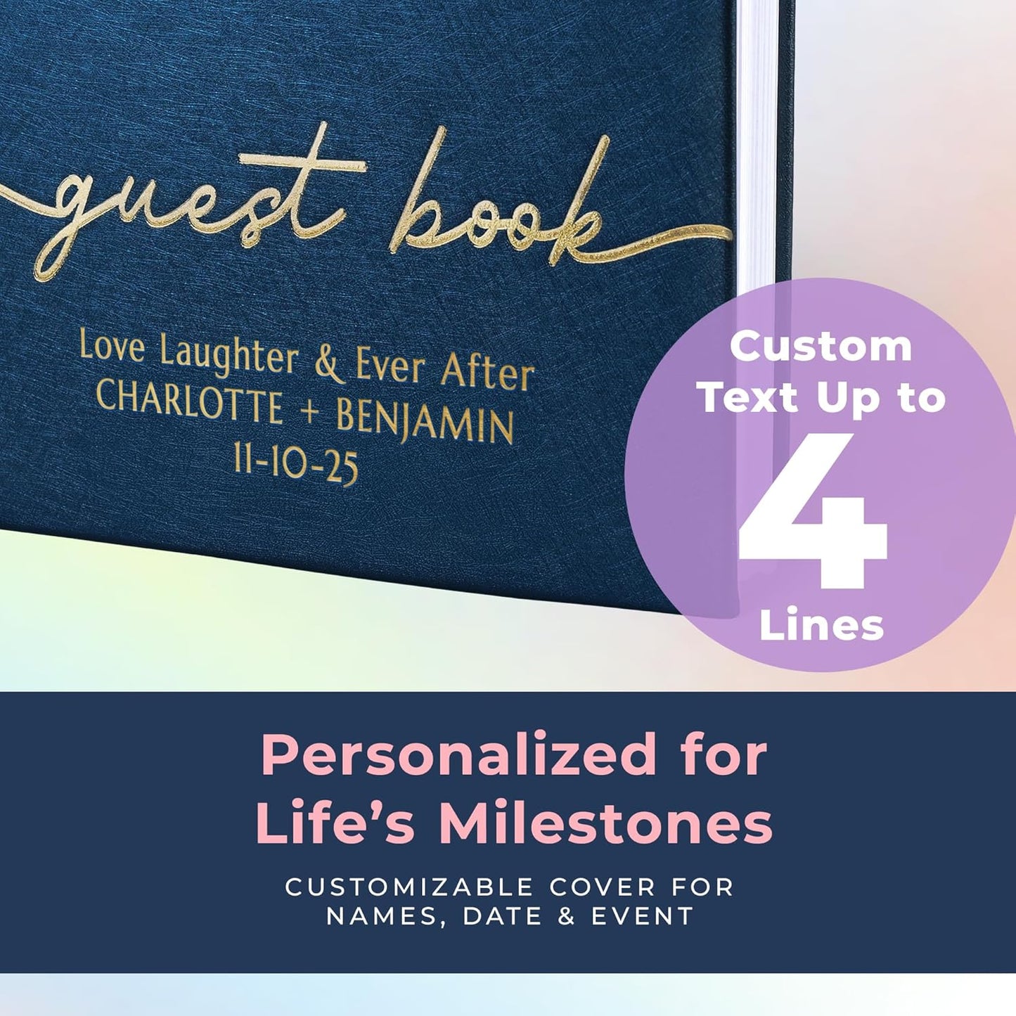 Promot Personalized Guestbook for Party (Sapphire Blue) - 110 Lined Pages in Wood-Free Vegan Leather Hard Cover - Wedding Guest Book Sign in and Photos, Baby Shower, Birthday or Graduation