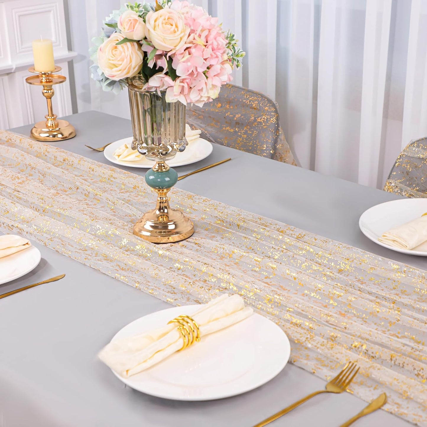 Snowkingdom 6Pcs 10 Ft Gold Table Runners, Sheer Chiffon Tulle Cheesecloth Golden Sequin Glitter Metallic Foil, Gold Party Table Decoration Centerpiece for Wedding Birthday Anniversary Christmas