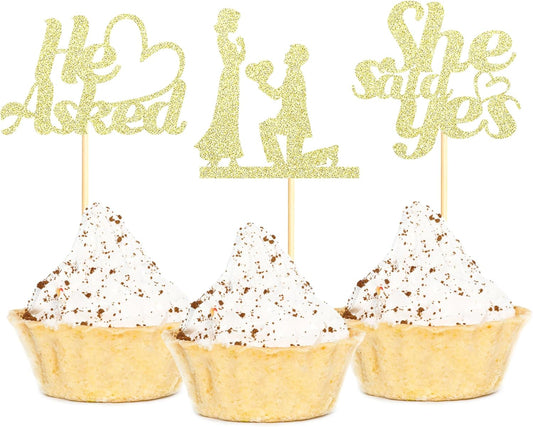 Sotpot 24PCS He Asked She Said Yes Cupcake Toppers With Heart Gold Glitter for Wedding Bridal Shower Wedding Engagement Party Cake Decorations