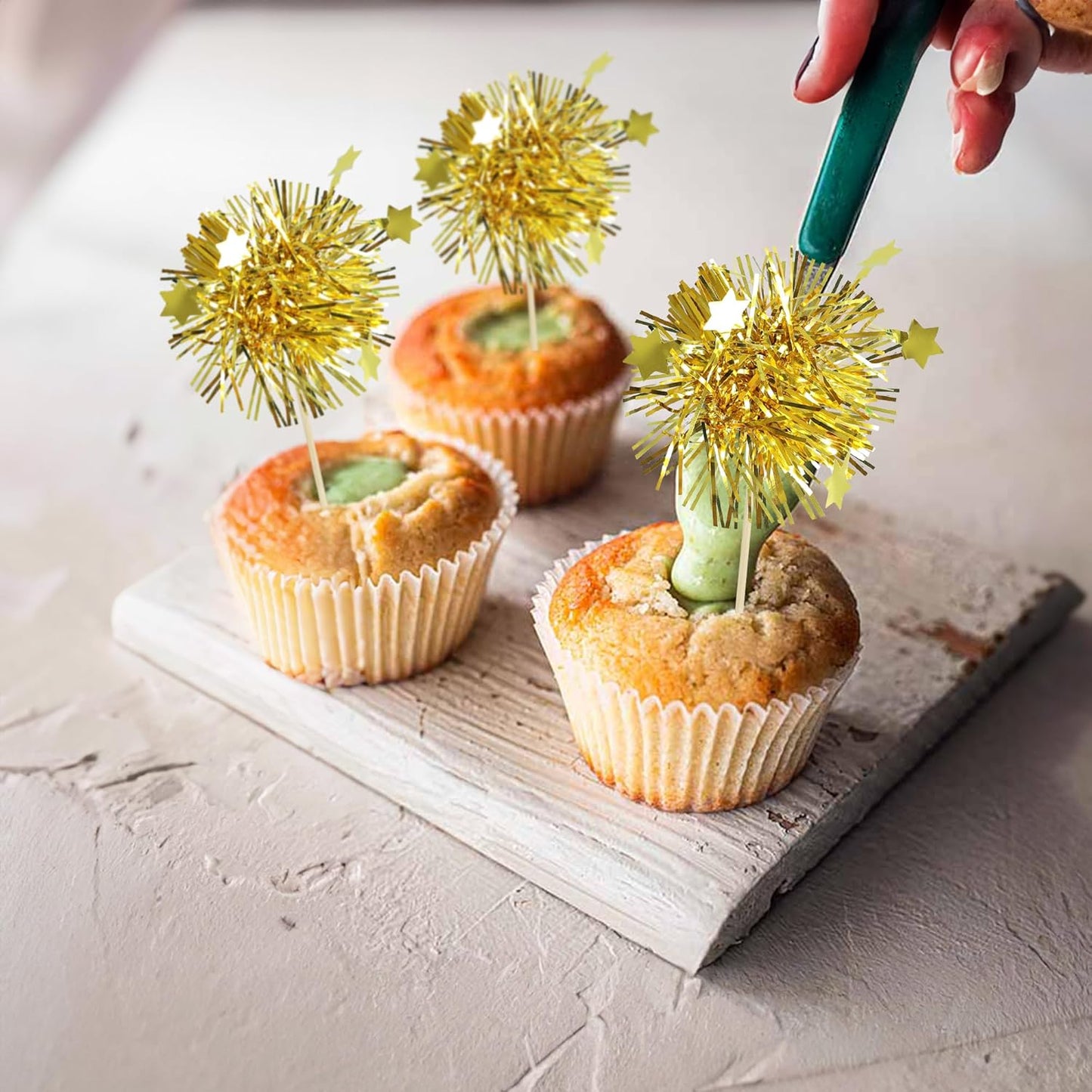 Ephlyn 30Pcs Foil Firework Cupcake Toppers Happy Birthday Cake Toppers Tinsel Flower Drink Stirrers Cocktail Food Fruit Toothpicks for Valentine's Day Party Decorations Gold