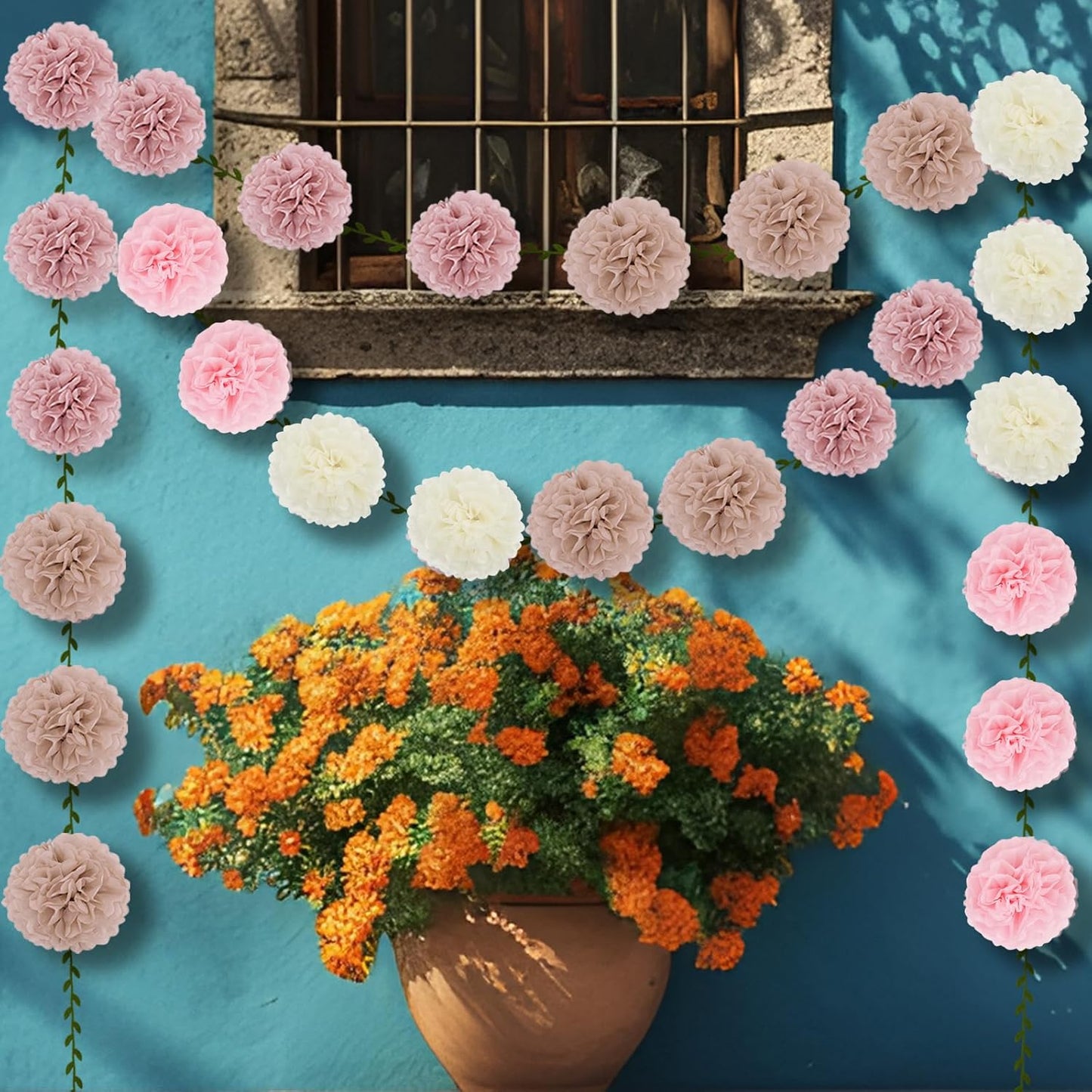 2 Pack Nude Pink Beige Tissue Paper Pom Pom Garlands Hanging with Cloth Vine for Nature Garden Fence Birthday Paty Decorations, 6.6Ft Length