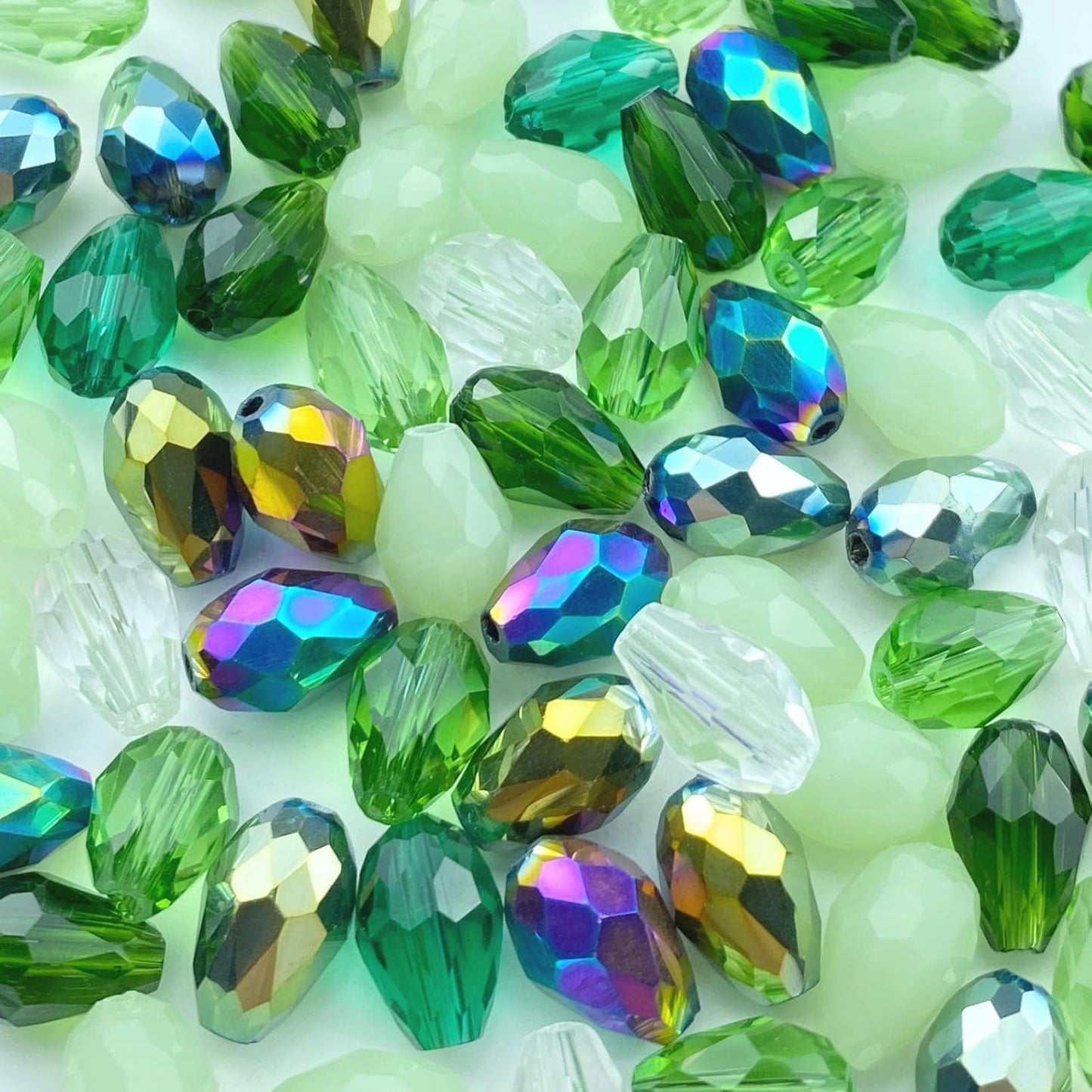 40pcs 10x15mm Teardrop Crystal Glass Beads Vertical Hole Faceted Loose Spacer Beads for DIY Craft Jewelry Making Necklace Bracelet Earring Wind Chimes(Green Series)