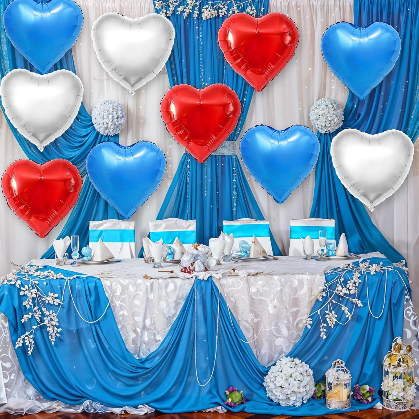 Red Blue Silver Heart Balloons,12Pcs 18Inch Blue Silver Red Heart Shaped Foil Helium Polyester Film Balloons for Birthday Anniversary Wedding Engagement 4th of July Party Decorations